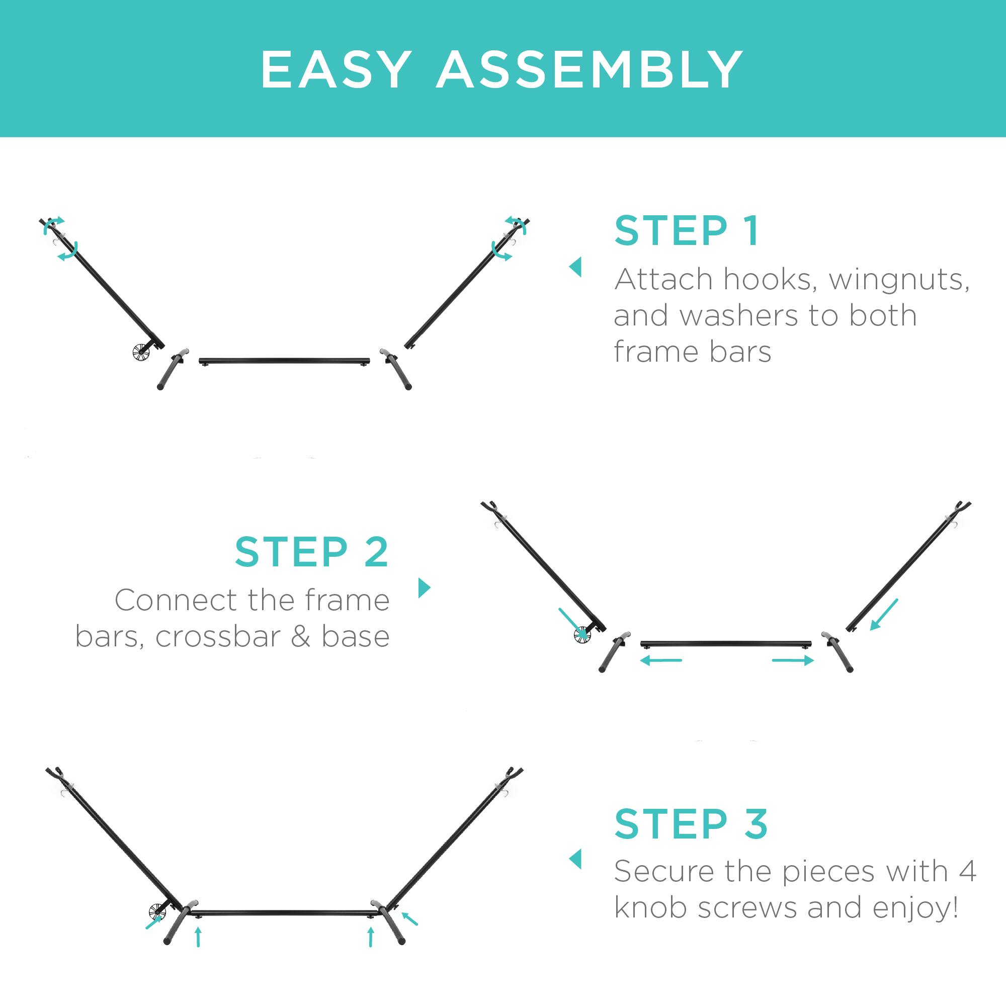 EASY ASSEMBLY

STEP 1  
Attach hooks, wingnuts, and washers to both frame bars

STEP 2  
Connect the frame bars, crossbar & base

STEP 3  
Secure the pieces with 4 knob screws and enjoy!