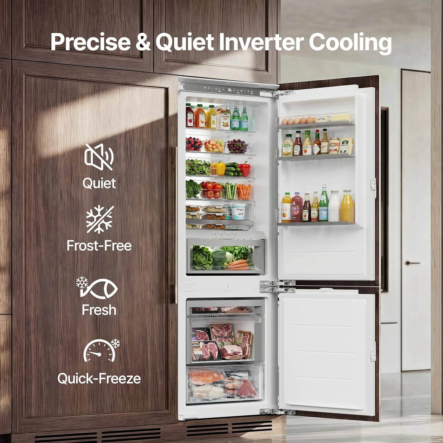 Precise & Quiet Inverter Cooling

- Quiet
- Frost-Free
- Fresh
- Quick-Freeze