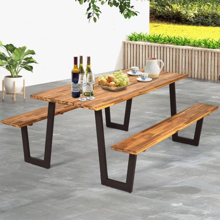 Back. Hivvago - Modern Wooden Picnic Table with 2 Benches Outdoor Patio Dining Set - Brown.