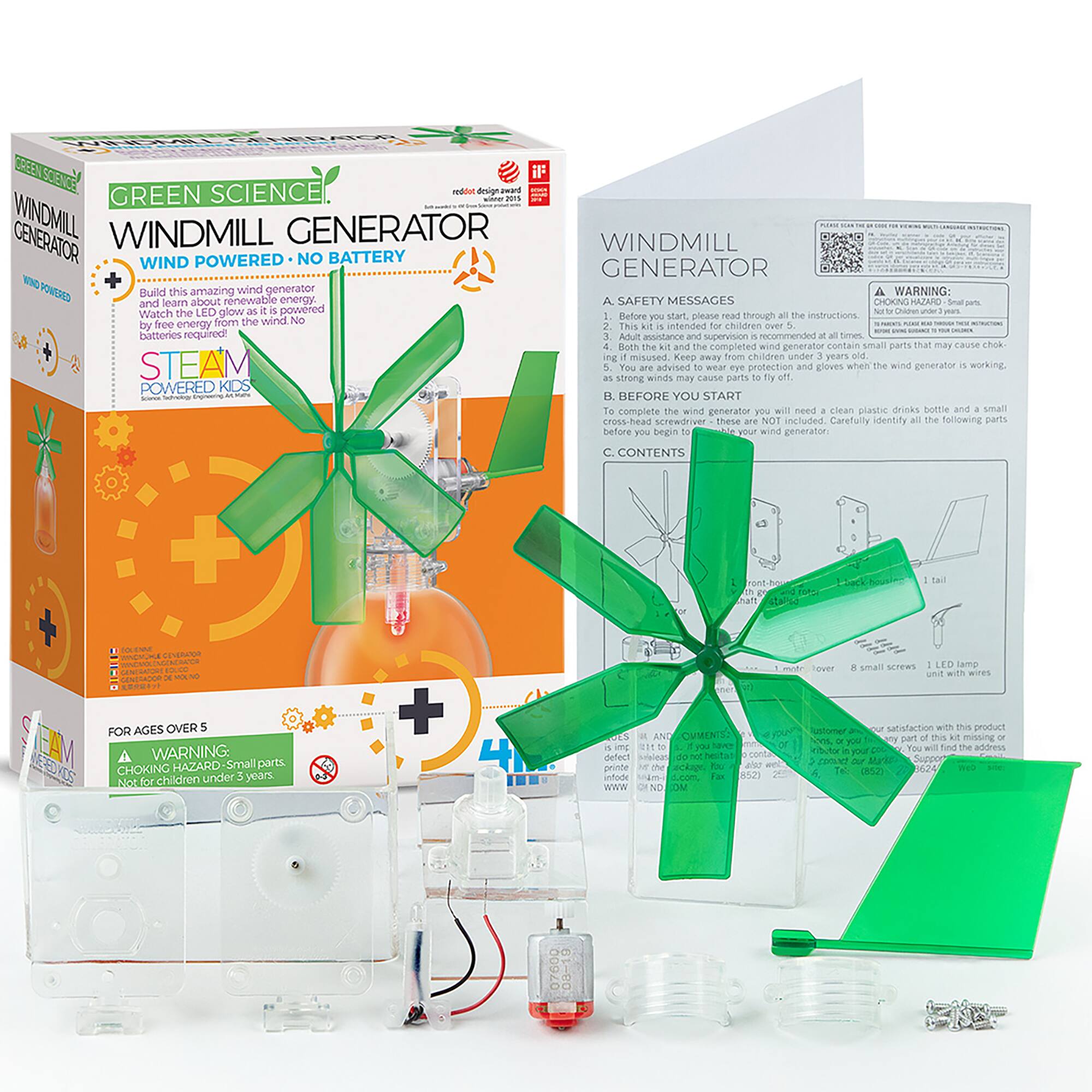 GREEN SCIENCE WINDMILL GENERATOR  
WIND POWERED - NO BATTERY  

Build this amazing wind generator and learn about renewable energy. Watch the LED glow as it is powered by the wind! No batteries required!  

STEAM POWERED KIDS  

A SAFETY MESSAGES  
1. Before you start, please read through all the instructions.  
2. Adult and supervision is recommended at all times.  
3. Both the kit and the completed wind generator contain small parts that may cause choking.  
4. You are advised to wear eye protection and gloves when the wind generator is working.  
5. Strong winds may cause parts to fly off.  

B. BEFORE YOU START  
Complete the wind generator will need a clean plastic drinks bottle and a small cross-head screwdriver. These are NOT included. Carefully identify all the following parts before you begin to build your wind generator.  

C. CONTENTS  
1. Front blade x 1  
2. Rear blade x 1  
3. Motor x 1  
4. 8 small screws  
5. LED lamp unit with wires  

WARNING:  
CHOKING HAZARD - Small parts. Not for children under 3 years.  

FOR AGES OVER 5