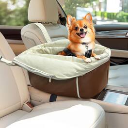 wowmax - Frosted Velvet Dog Car Seat for Small Dogs - Console Booster w/Safety Belt (11lbs Max), Non-Slip & Pockets - Brown