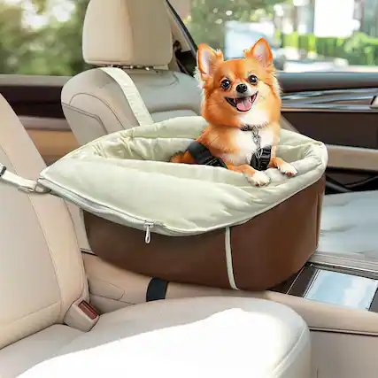 Front. wowmax - Frosted Velvet Dog Car Seat for Small Dogs - Console Booster w/Safety Belt (11lbs Max), Non-Slip & Pockets, Brown - brown.