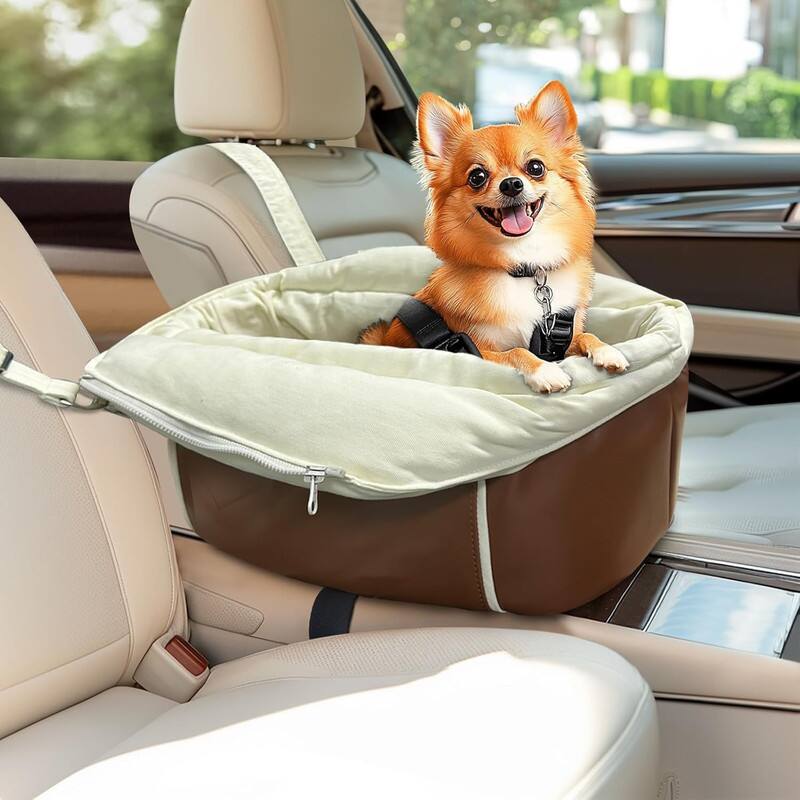 Front. wowmax - Frosted Velvet Dog Car Seat for Small Dogs - Console Booster w/Safety Belt (11lbs Max), Non-Slip & Pockets, Brown - brown.