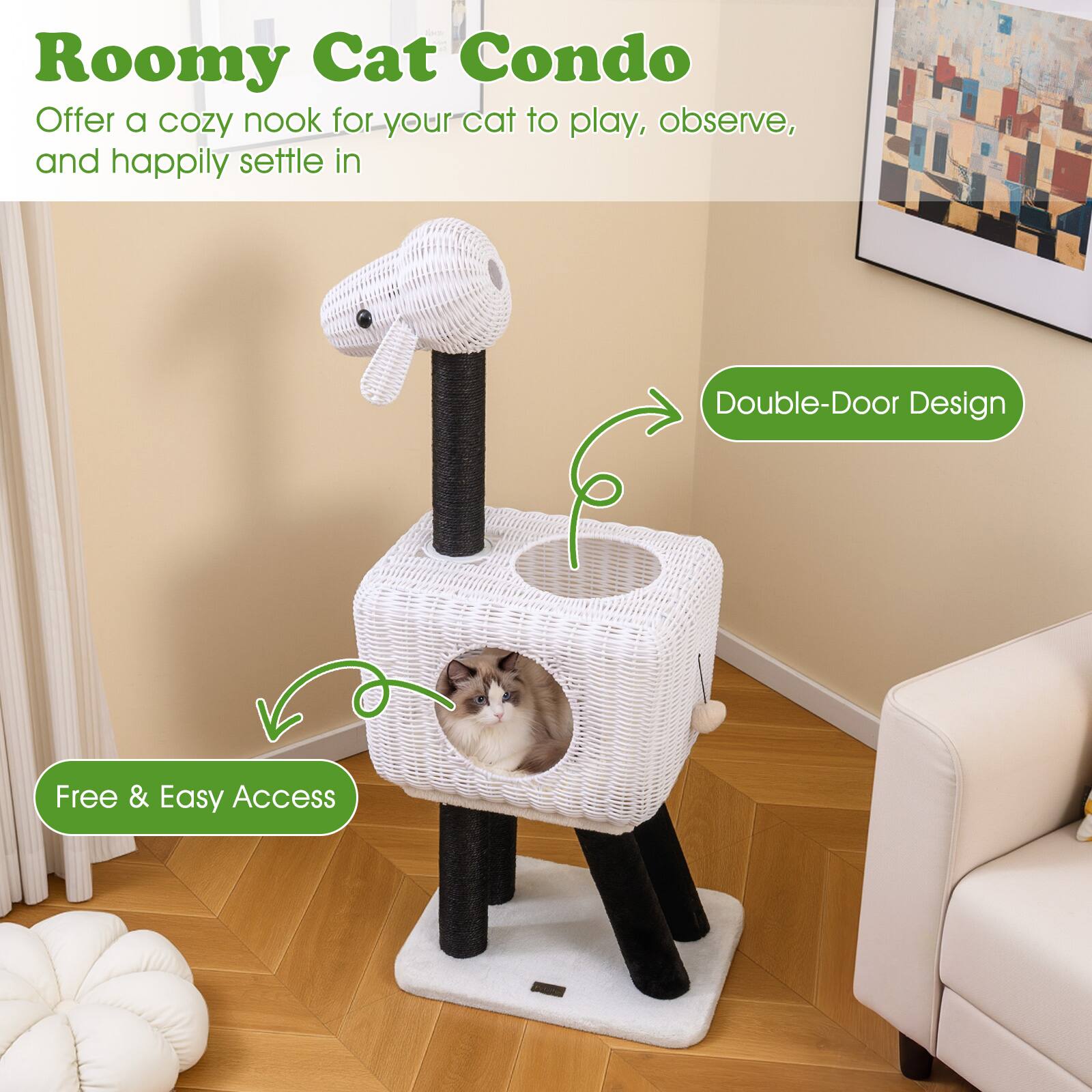 Roomy Cat Condo  
Offer a cozy nook for your cat to play, observe, and happily settle in  
Double-Door Design  
Free & Easy Access