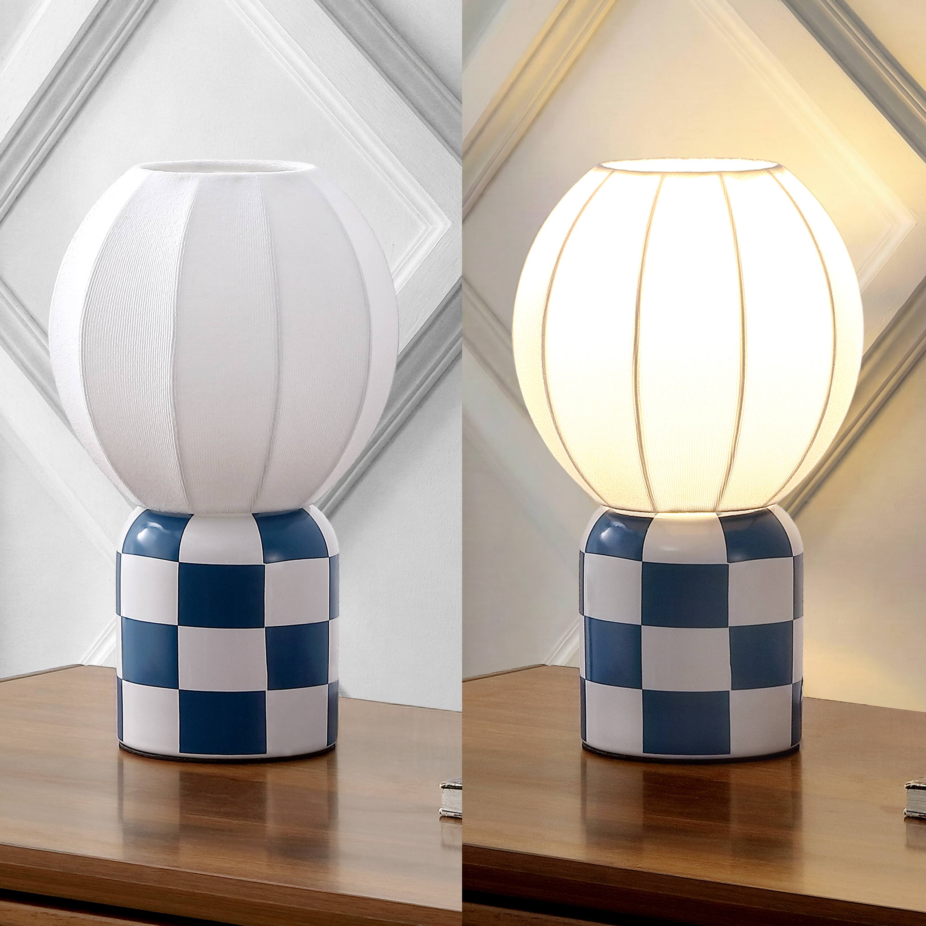 Alt View 6. Jonathan Y - Valarie 10.3 in. Contemporary Modern Checkerboard Ceramic with Ribbed Cocoon Globe Shade LED Mini Table Lamp, Navy/White - Navy/White.