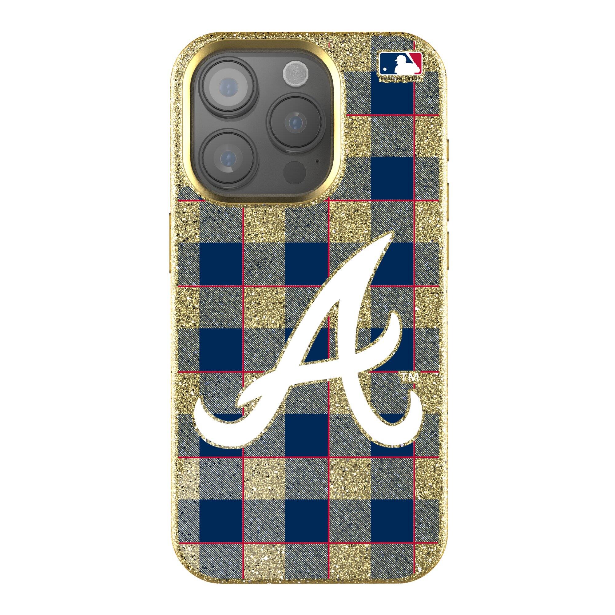Front. Keyscaper - Atlanta Braves Plaid Bling iPhone Case - 14 Plus - Gold.
