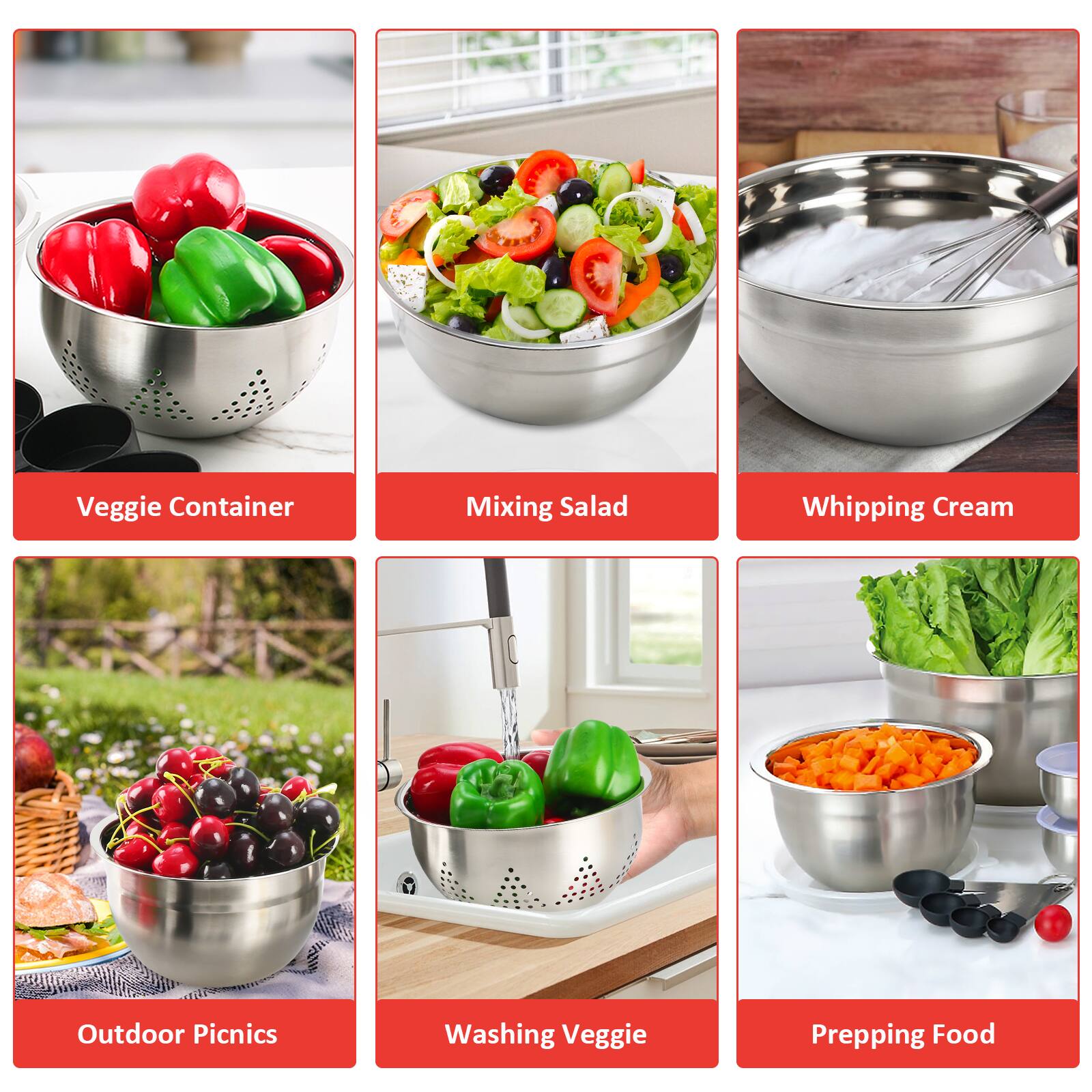 - Veggie Container
- Mixing Salad
- Whipping Cream
- Outdoor Picnics
- Washing Veggie
- Prepping Food