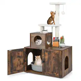 Costway - 2-in-1 Wooden Litter Box Enclosure with Cat Tree Hidden Washroom Furniture - Rustic Brown
