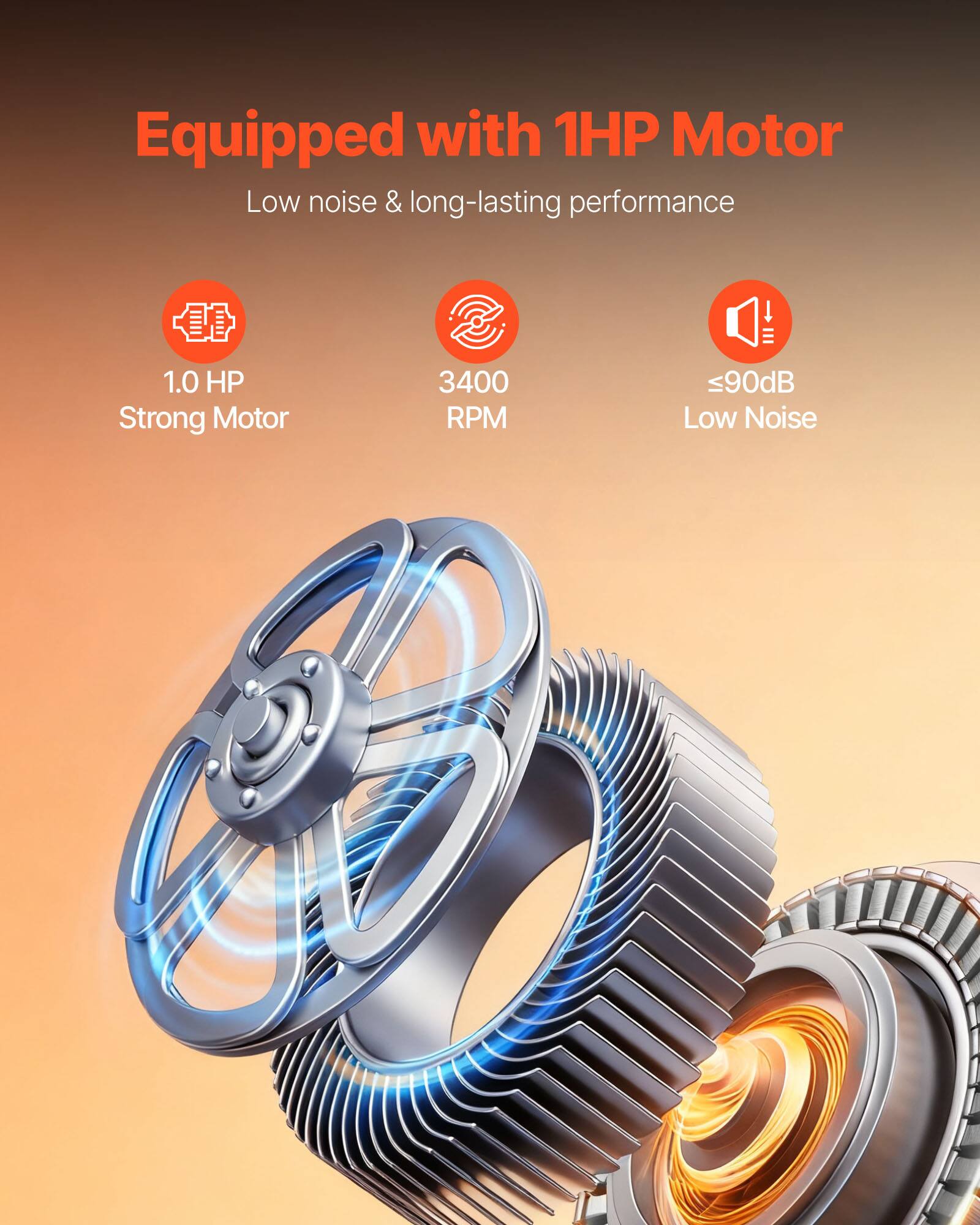 Equipped with 1HP Motor  
Low noise & long-lasting performance  

1.0 HP Strong Motor  
3400 RPM  
≤90dB Low Noise