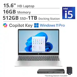 HP - 15.6" HD Laptop,Intel Core i5-1334U,16GB DDR4,512GB SSD+1TB Dock Set,Iris Xe Graphics,HD Camera,Win 11 Pro - Silver