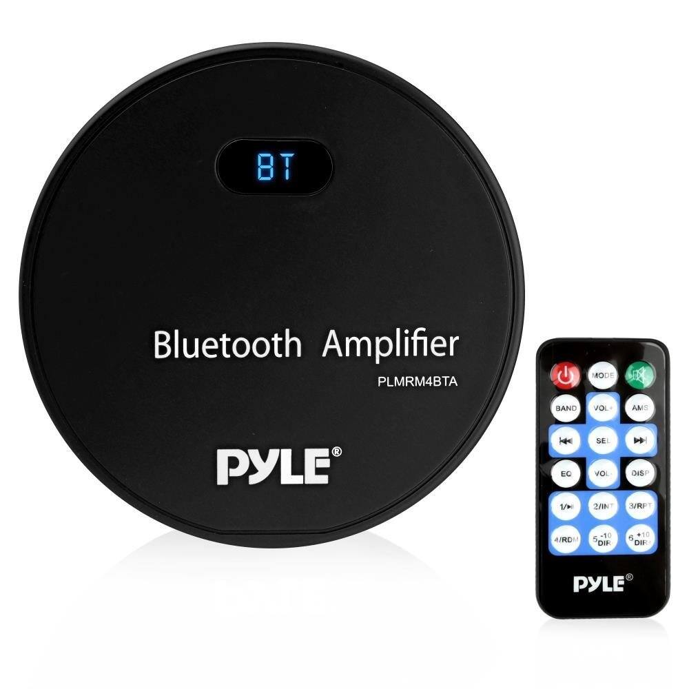 Sure, here is the corrected and grouped text:

- **Bluetooth Amplifier**
- **PLMRM4BTA**
- **PYLE®**

**Remote Control:**
- **BT**
- **MODE**
- **BAND**
- **VOL+**
- **AM/FM**
- **SEL**
- **EG**
- **VOL-**
- **DISP**
- **1/W**
- **2/INT**
- **3/RPT**
- **4/RDM**
- **-10**
- **+10**
- **DIF**