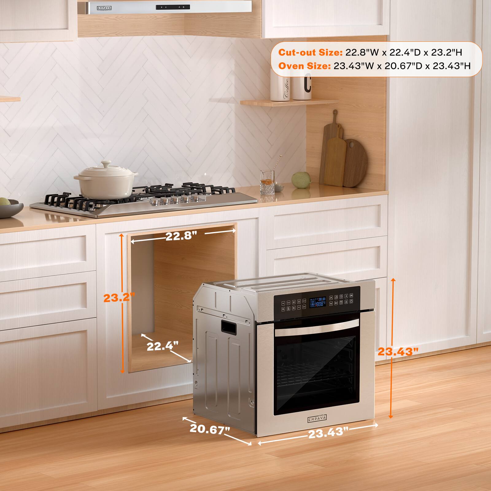 The image shows a kitchen with a stainless steel oven and a microwave above it. The oven is placed in a cut-out size of 22.8"W x 22.4"D x 23.2"H, while the oven size is 23.43"W x 20.67"D x 23.43"H. The oven is positioned under a microwave, which is placed above the oven.