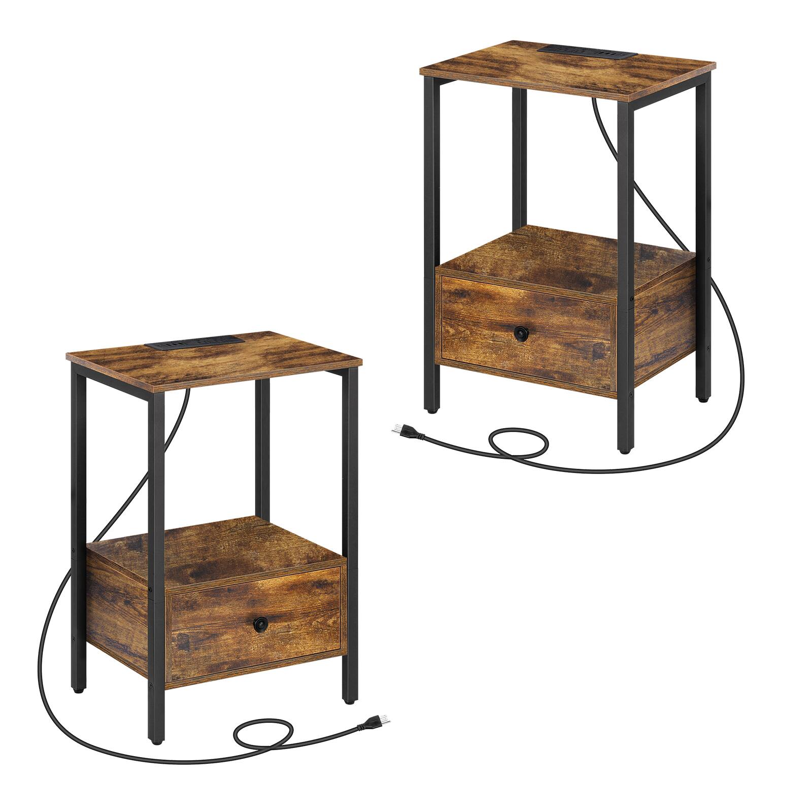 Oumilen - End Table with Built-In Charging Station & Wood Drawer (Set of 2) - Brown