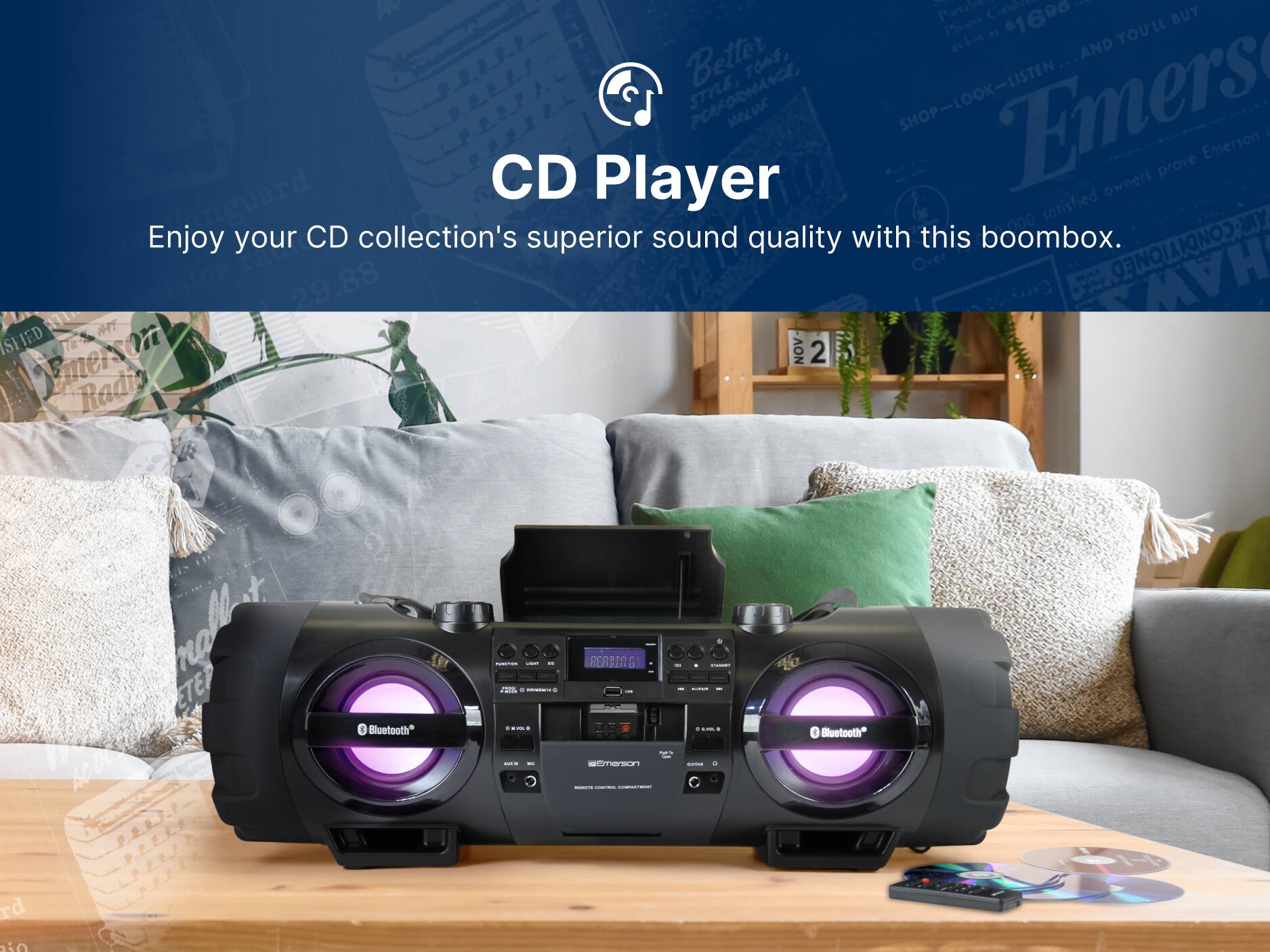 Enjoy your CD collection's superior sound quality with this boombox. Bluetooth - : C ++ - + - - 0

1 Pertibee Corbite 1 Phono as 1690 YOU'LL BUY akm AND Better TOA, STRLE, PEFRANCE, SHOP-LOOK-LISTEN Emers e SHOP I Emerson CD prove nguard Player sotisfied owners MY Enjoy your CD collection's superior sound quality with this boombox. TIONED HAW 29.88  IT ISFIED merson 72 NOV 2 Radio na ETE 0 Bluetooth : - TES2  I  - I | rd sin