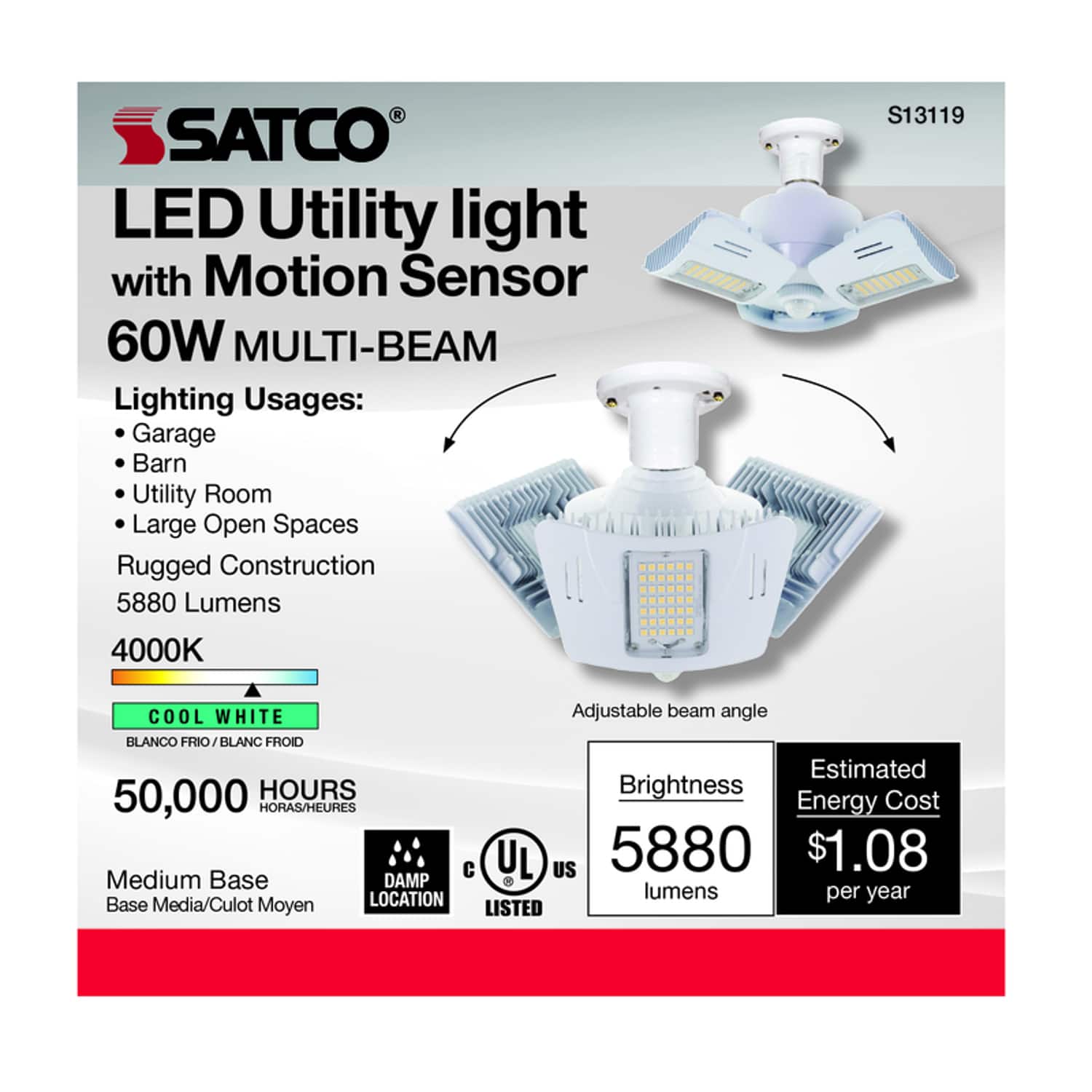 SATCO - Wide Surface E26 (Medium) Smart-Enabled LED Motion Sensor Utility Light Cool White 60 Watt Equ