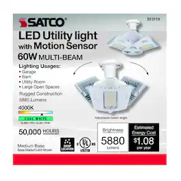 SATCO - Wide Surface E26 (Medium) Smart-Enabled LED Motion Sensor Utility Light Cool White 60 Watt Equ
