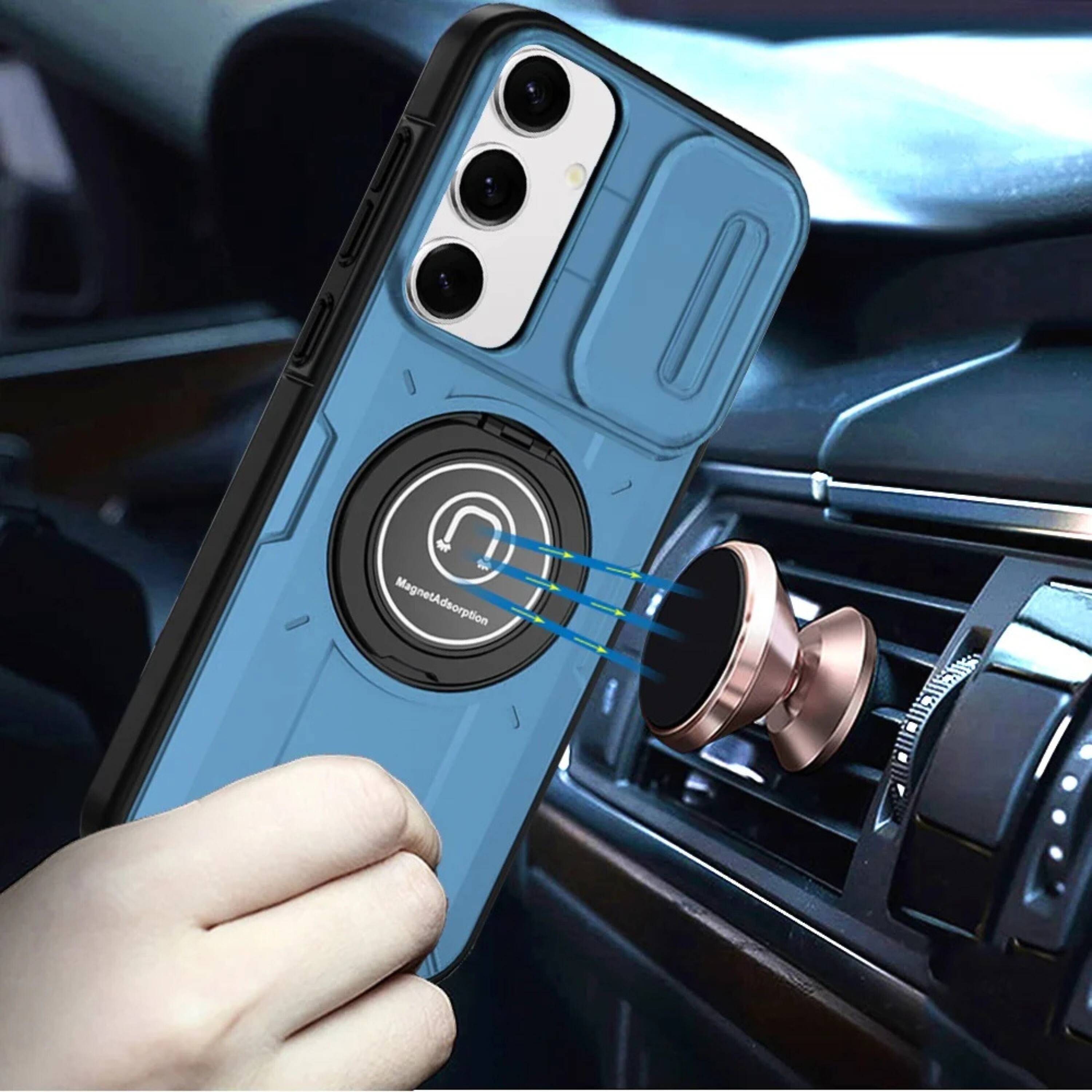 Angle. Kitcheniva - Sliding Lens Cover Metal Ring Stand Case With Tempered Glass For Samsung S25 S24 Light Blue - Light Blue.