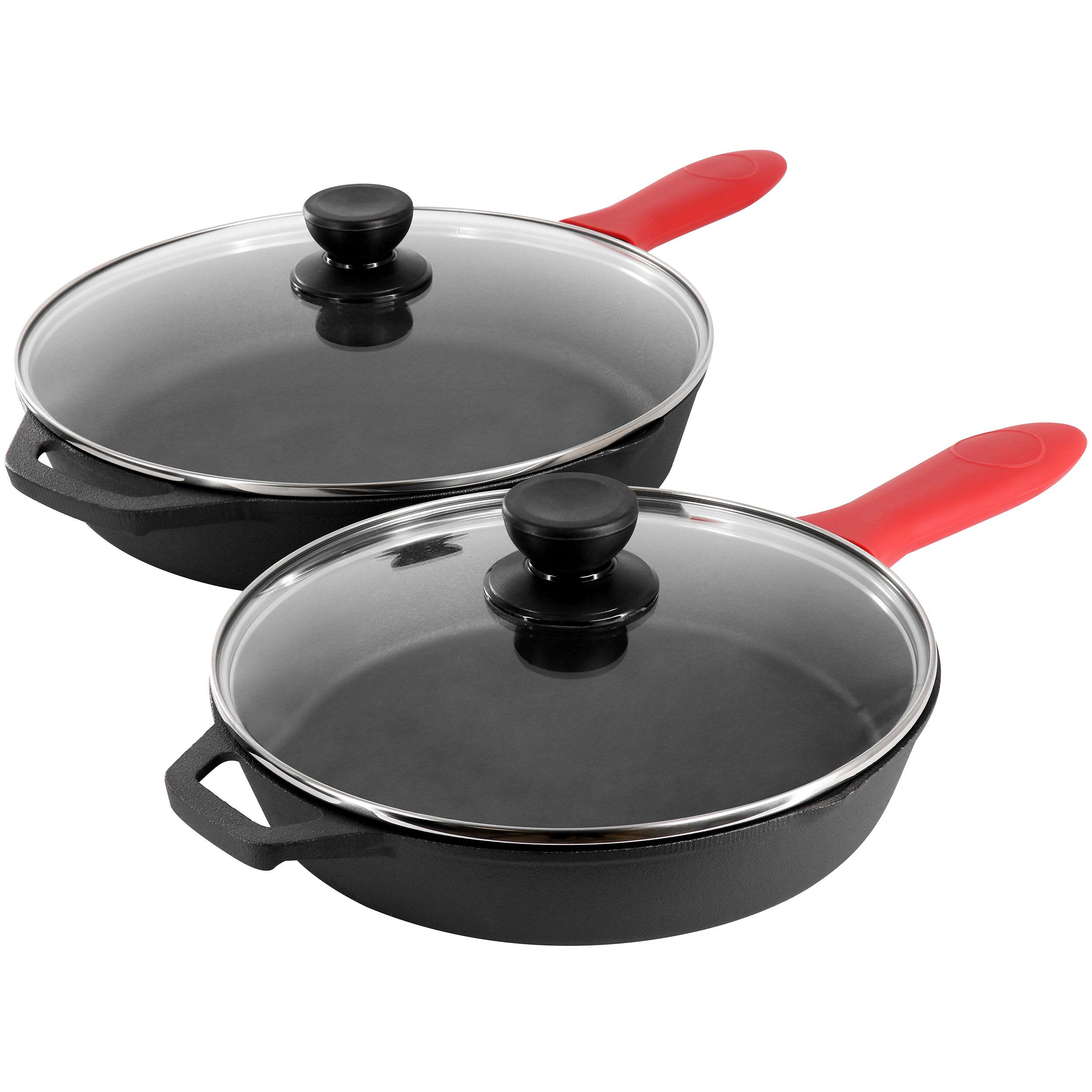 Alt View 2. MegaChef - MegaChef 13 Piece Cast Iron Skillet Set with Tempered Glass Lids and Silicone Holders - Black and Red.