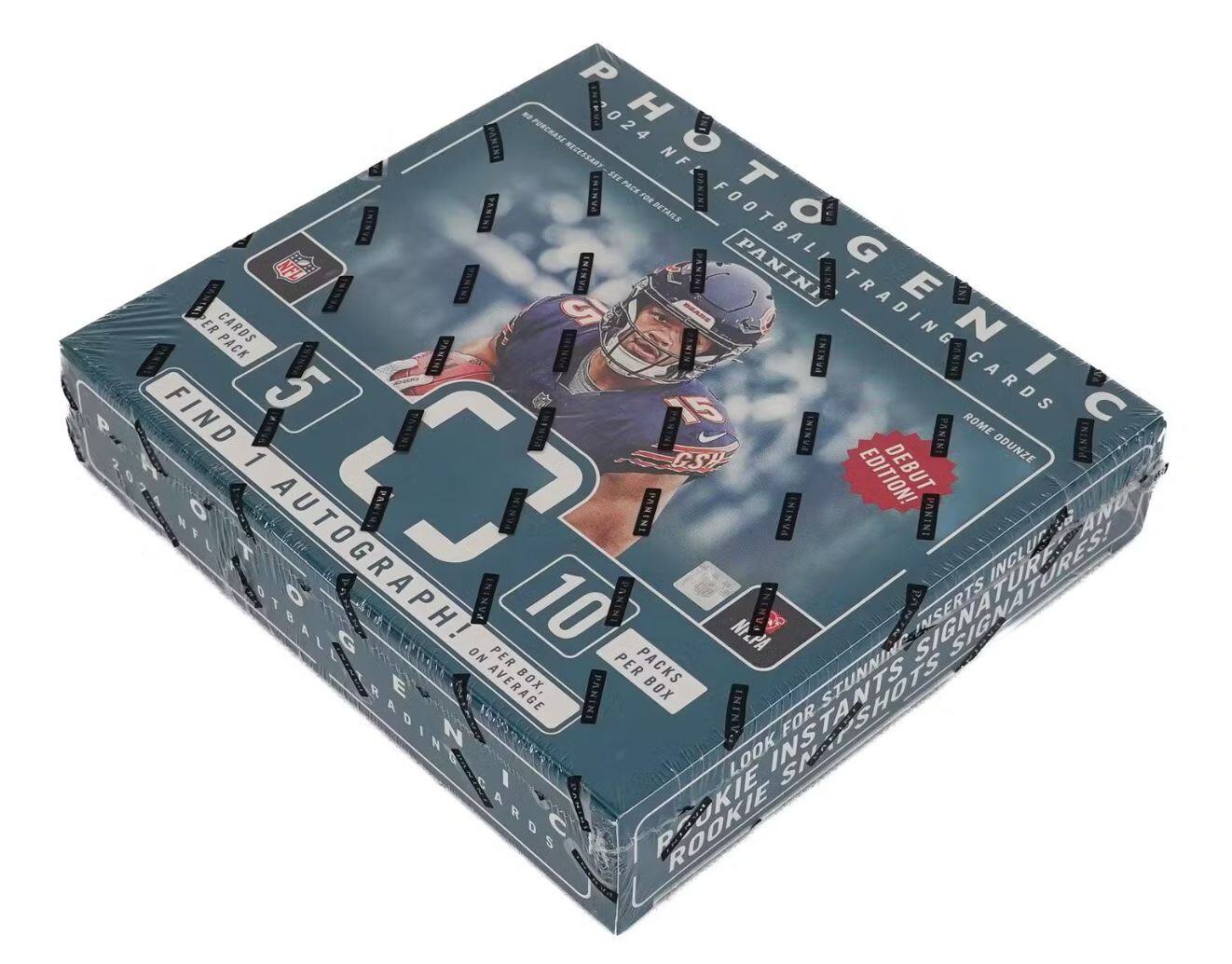 Sure, here is the corrected and grouped text from the image:

---

**PHOTOGENIC**  
**2024 NFL FOOTBALL TRADING CARDS**  
**PANINI**

**FIND 1 AUTOGRAPH!**  
**10 PER BOX, ON AVERAGE**  
**5 PER PACK**

**DEBUT EDITION!**  
**ROME ODUNZE**

**INCLUDES:**  
**STUNNING SHOTS AND SIGNATURES!**  
**ROOKIE LOOK INS!**

**PER BOX:**  
**10 PACKS**

**PER PACK:**  
**5 CARDS**

**INCLUDES:**  
**ROOKIE LOOK INS!**

**PANINI**  
**NFL**

**PANINI**  
**NFL**

**PANINI**  
**NFL**

**PANINI**  
**NFL**

**PANINI**  
**NFL**

**PANINI**  
**NFL**

**PANINI**  
**NFL**

**PANINI**  
**NFL**

**PANINI**  
**NFL**

**PANINI**  
**NFL**

**PANINI**  
**NFL**

**PANINI**  
**NFL**

**PANINI**  
**NFL**

