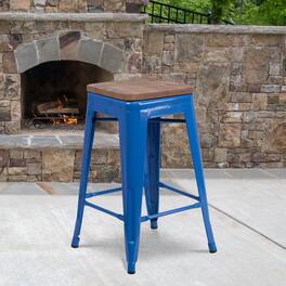 Emma + Oliver - 24"H Backless Metal Counter Height Stool with Wood Seat - Blue