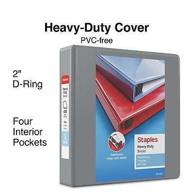 Heavy-Duty Cover  
PVC-free  

2" D-Ring  

Four Interior Pockets  

Staples Heavy Duty Binder  
Reinforced Rings Open Easily  

480 Sheets Capacity