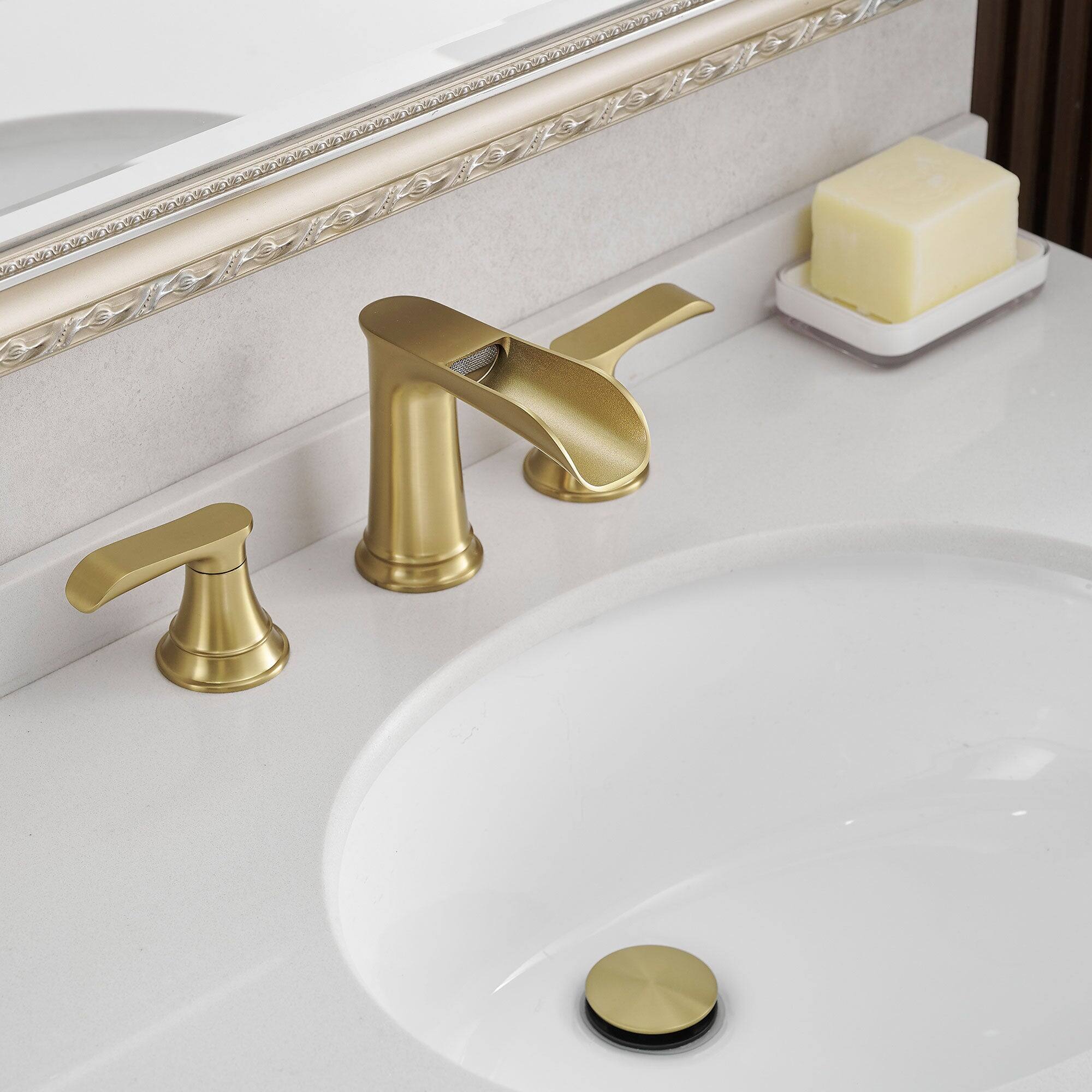 Angle. Boyel Living - Waterfall 8 Inch Widespread Double Handle Brass Bathroom Faucet with Pop Up Drain and Water Supply Hoses in Brushed Gold - Brushed Gold.