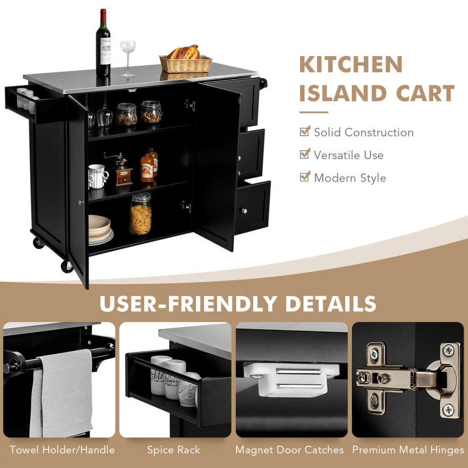 KITCHEN ISLAND CART

- Solid Construction
- Versatile Use
- Modern Style

USER-FRIENDLY DETAILS

- Towel Holder/Handle
- Spice Rack
- Magnet Door Catches
- Premium Metal Hinges
