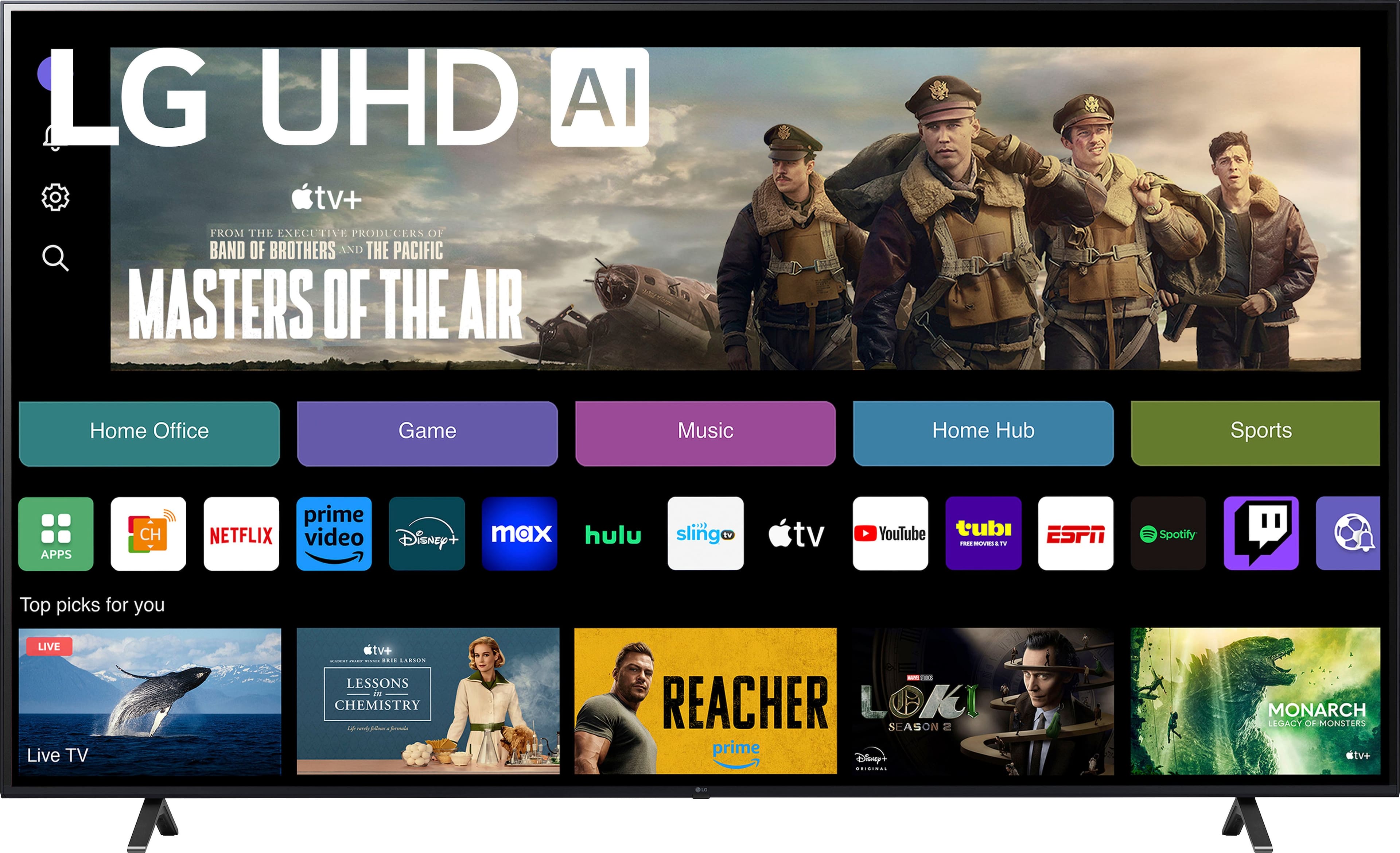 LG UHD AI TV+: From the Executive Producers of Band of Brothers and The Pacific, Masters of the Air. Home Office, Game, Music, Home Hub, Sports, APPS, CH Prime, Netflix, Disney+, Hulu, Sling TV, YouTube, Tubi. Top picks for you. LIVE. Live TV. TV+. Lessons in Chemistry. The Marvelous Mrs. Maisel. Loki Season 2. Monarch: Legacy of Monsters.