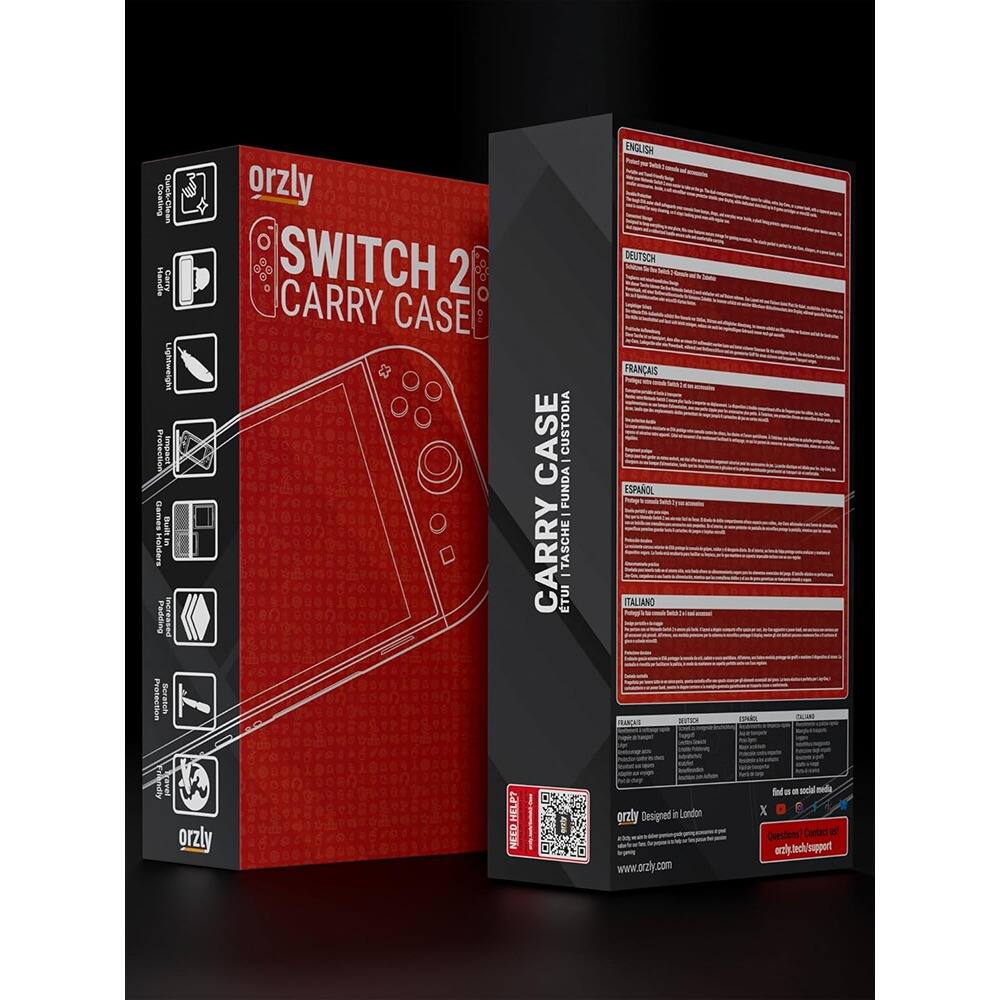 **Front Side:**

- orzly
- SWITCH 2 CARRY CASE
- CARRY CASE
- FUNDA
- TASCHE
- TUI
- ENGLISH
- DEUTSCH
- FRANÇAIS
- ESPAÑOL
- ITALIANO
- orzly
- Designed in London
- www.orzly.com

**Back Side:**

- orzly
- SWITCH 2 CARRY CASE
- CARRY CASE
- FUNDA
- TASCHE
- TUI
- ENGLISH
- DEUTSCH
- FRANÇAIS
- ESPAÑOL
- ITALIANO
- orzly
- Designed in London
- www.orzly.com
- Find us on social media
- Question? Contact us: orzly@orzly.com
- orzly
- Cestins ianata Garry Laghoweighe Pretestion - Games Bue IAtners Padiding Sess Protection Seratc orzly
- orzly NEEDHELP orzly
- Ind a . social mode X Questent? ecdlyheck/suppert

**Icons