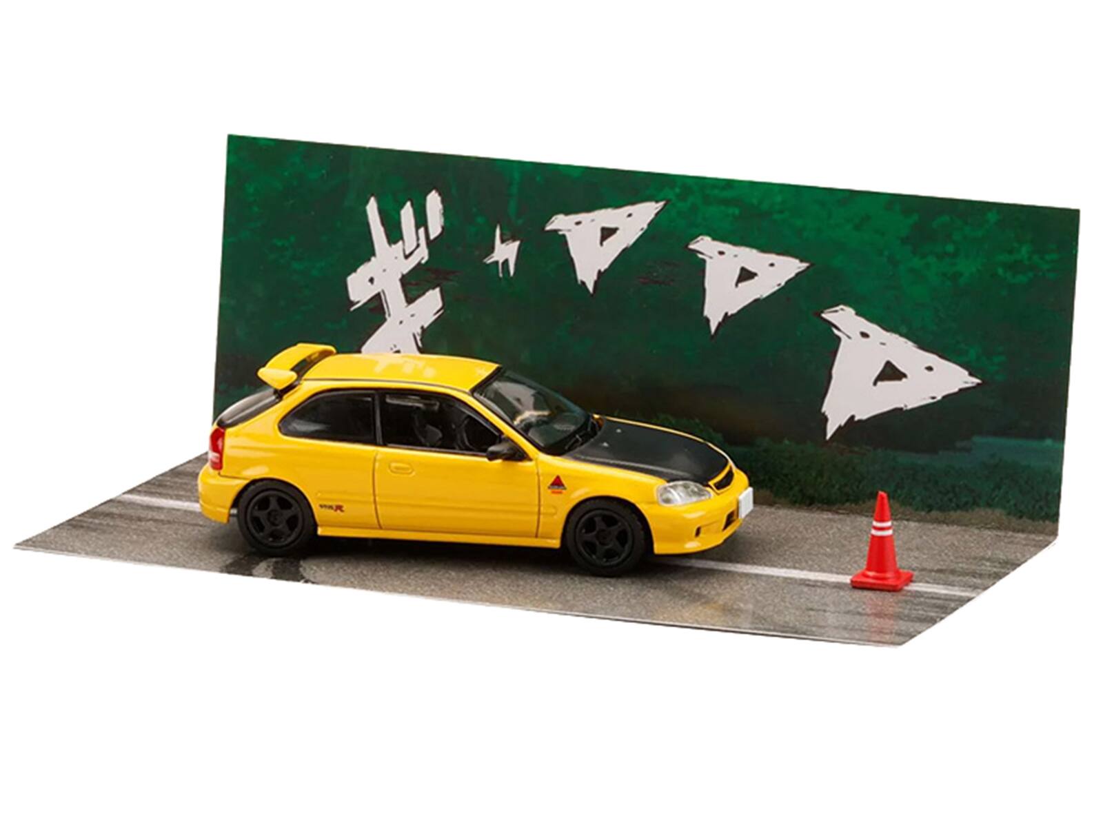 Alt View 5. Hobby Japan - Honda Civic (EK9) RHD Yellow with Carbon Hood "Initial D" (1995-2013) Manga 1/64 Diecast Model Car by Hobby Japan.