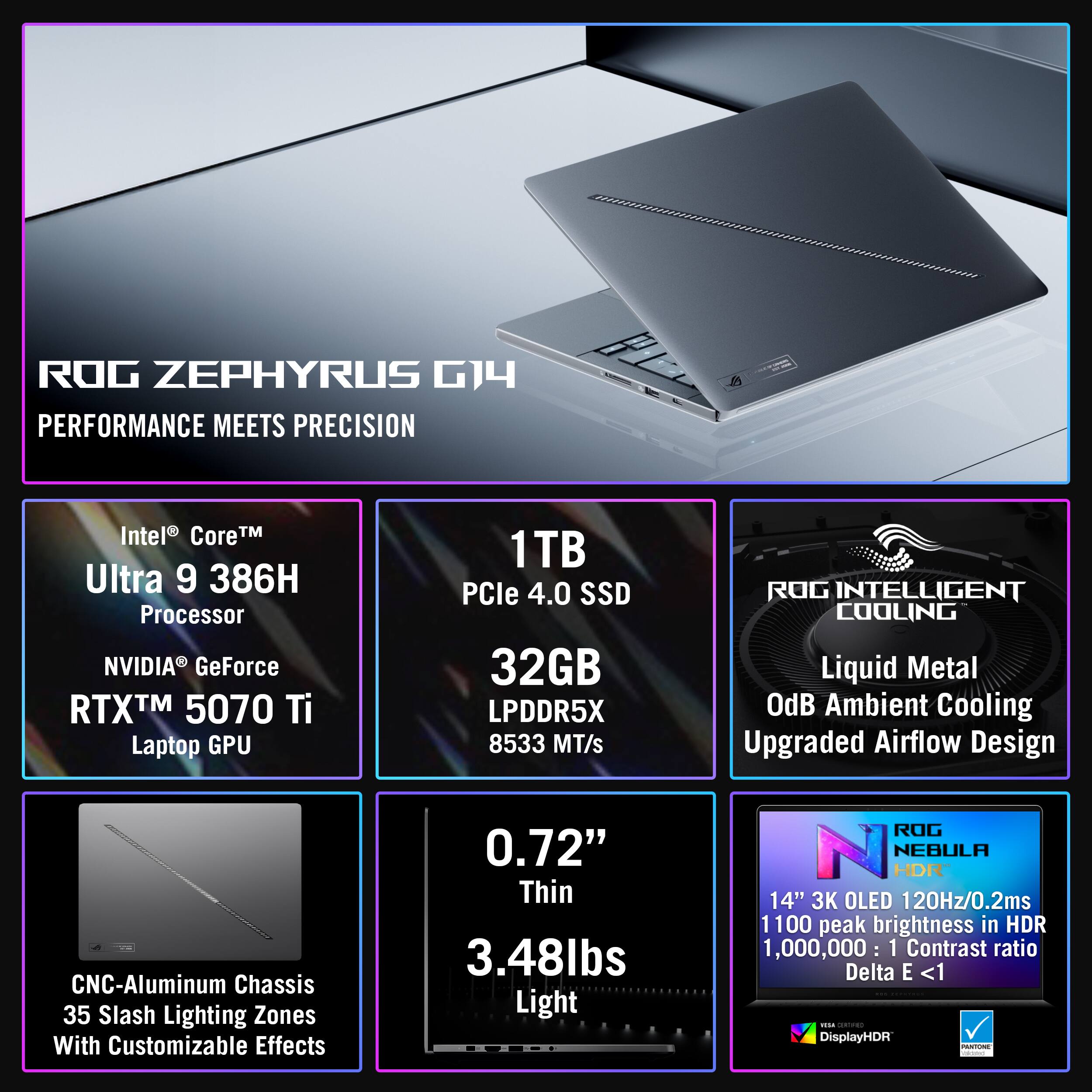 ROG ZEPHYRUS G14  
PERFORMANCE MEETS PRECISION

- Intel® Core™ Ultra 9 386H Processor
- NVIDIA® GeForce RTX™ 5070 Ti Laptop GPU
- 1TB PCIe 4.0 SSD
- 32GB LPDDR5X 8533 MT/s
- ROG INTELLIGENT COOLING
  - Liquid Metal
  - ODB Ambient Cooling
  - Upgraded Airflow Design
- CNC-Aluminum Chassis
- 35 Slash Lighting Zones With Customizable Effects
- 0.72" Thin
- 3.48lbs Light
- ROG NEBULA HDR
  - 14" 3K OLED 120Hz/0.2ms
  - 1100 peak brightness in HDR
  - 1,000,000: 1 Contrast ratio
  - Delta E <1
  - DisplayHDR