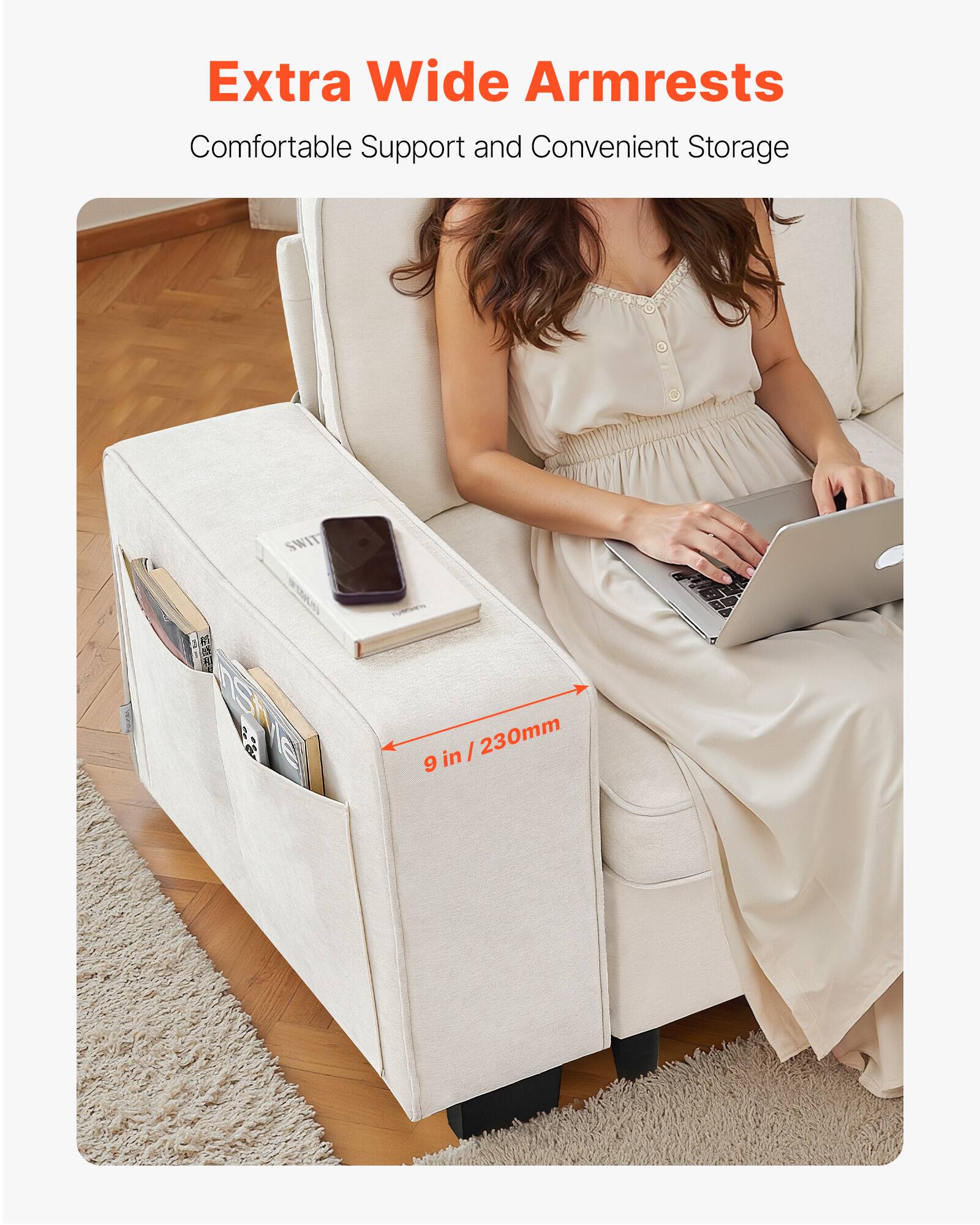 Extra Wide Armrests  
Comfortable Support and Convenient Storage  

SWIT R a SMIe e ae in I 230mm 9