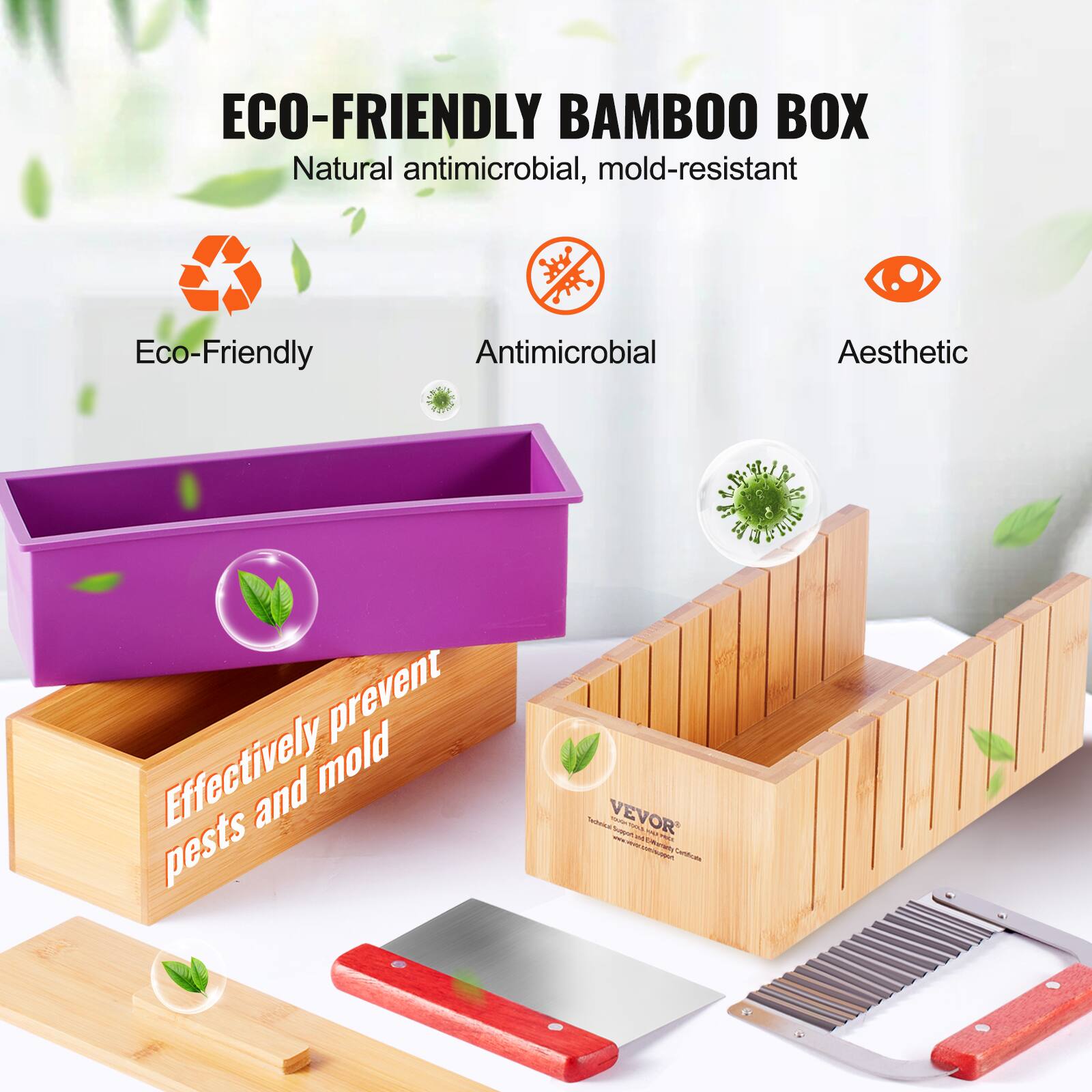 ECO-FRIENDLY BAMBOO BOX  
Natural antimicrobial, mold-resistant  
Eco-Friendly  
Antimicrobial  
Aesthetic  

Effectively prevent pests and mold