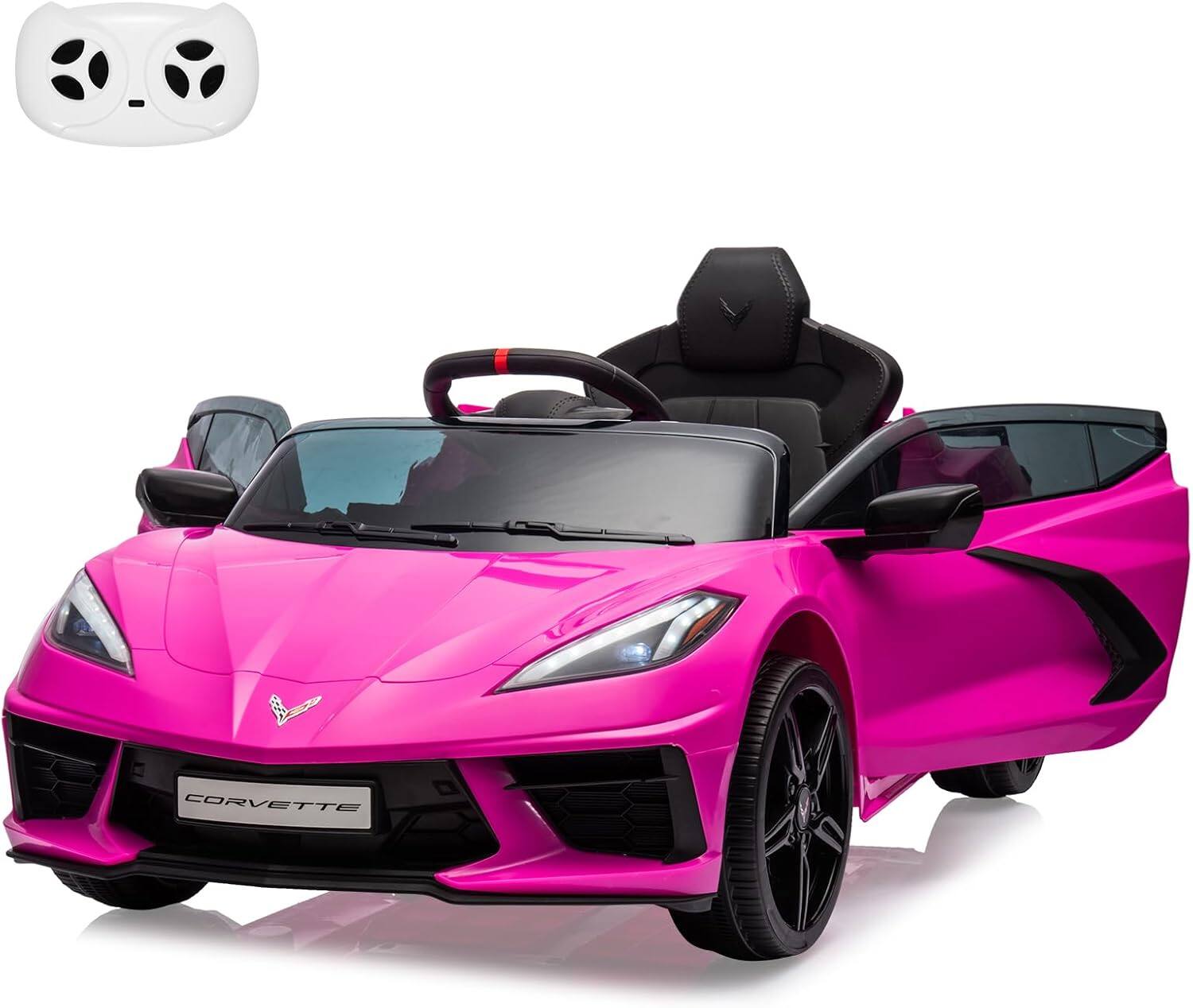 Front. GARVEE - 12V Licensed Corvette Kids Ride-On Sports Car, Electric Vehicle with Remote Control, LED Lights, Music & Dashboard - Rose Red.