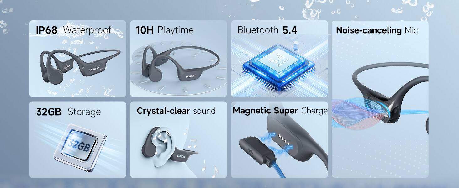 IP68 Waterproof  
10H Playtime  
Bluetooth 5.4  
Noise-canceling Mic  
32GB Storage  
Crystal-clear sound  
Magnetic Super Charge