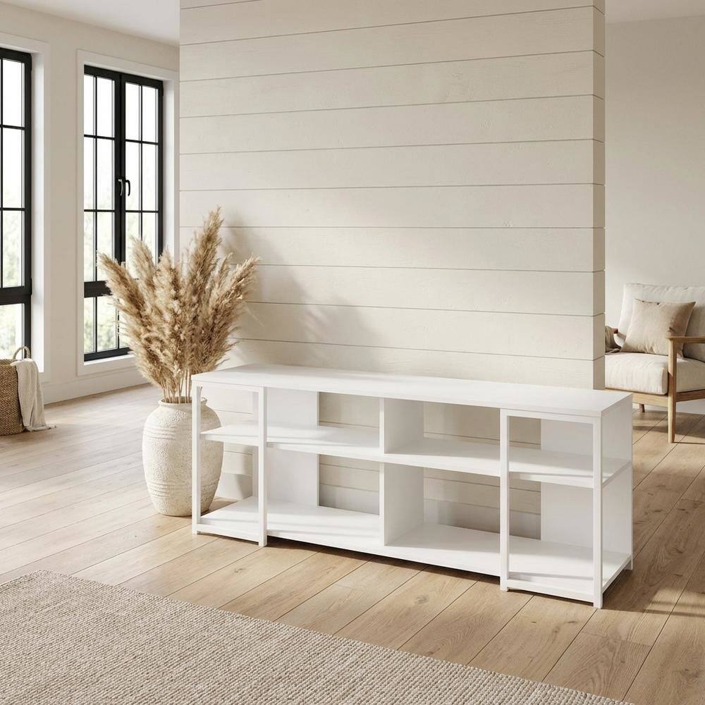 Alt View 2. FurniFact - White Modern TV stand, up to 65-inch flat screens, metal, wood construction - White.