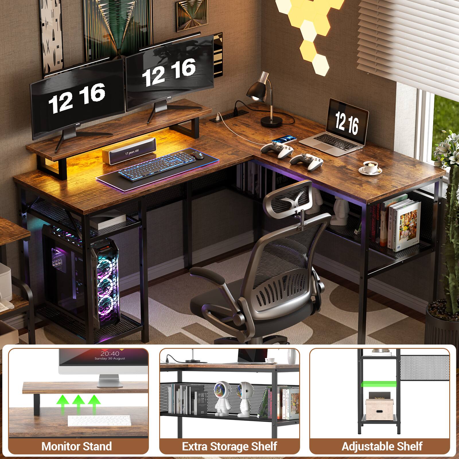 Aheaplus 55.5'' Reversible L Shaped Computer Desk with Power