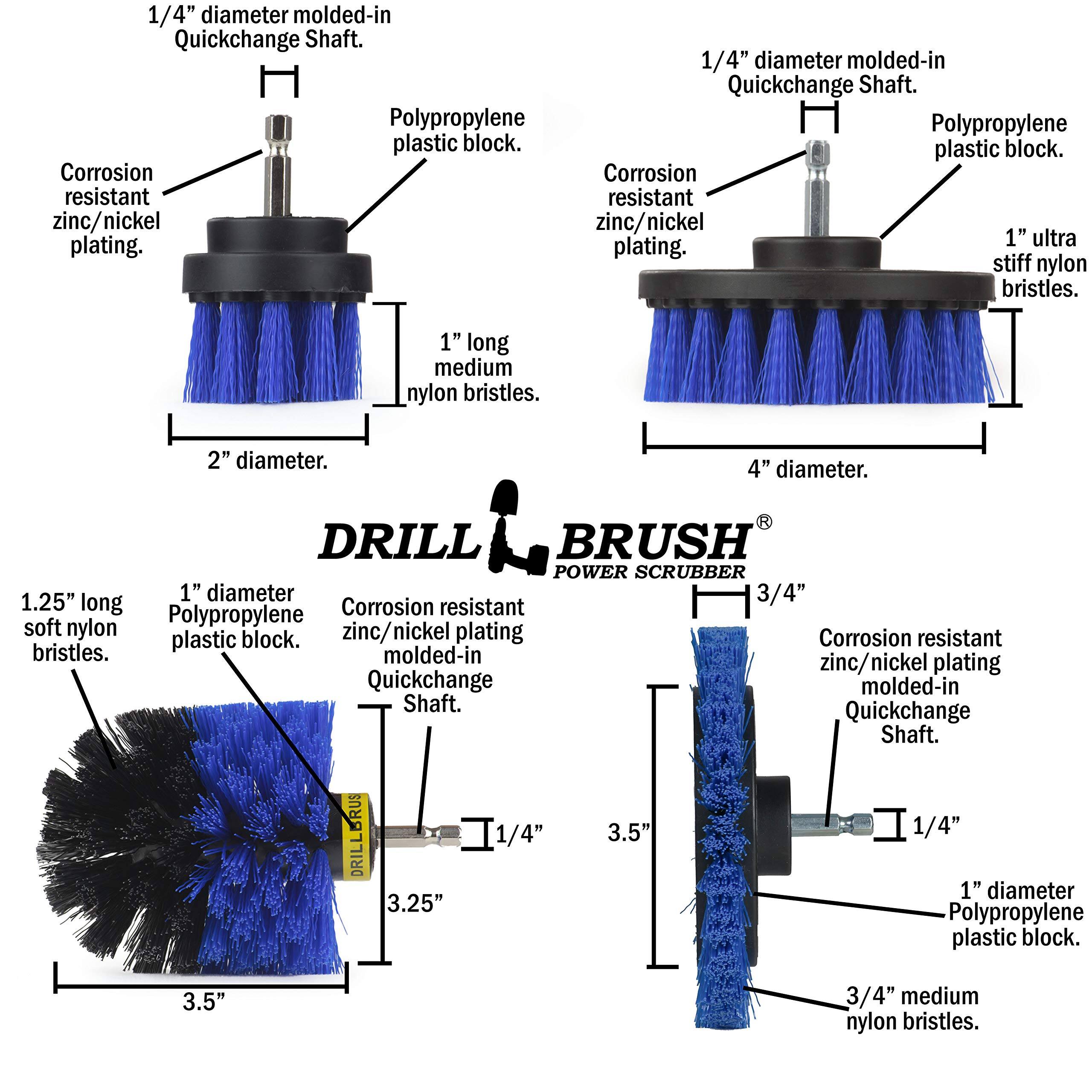 1/4" diameter molded-in Quickchange Shaft. 1/4" diameter molded-in Quickchange Shaft. Polypropylene plastic block. Polypropylene plastic block. Corrosion resistant zinc/nickel plating. Corrosion resistant zinc/nickel plating. 1" ultra stiff nylon bristles. 1" long medium nylon bristles. 2" diameter. 4" diameter. DRILL BRUSH POWER SCRUBBER 1" diameter 3/4" 1.25" long Corrosion resistant soft nylon bristles. Polypropylene block. zinc/nickel plating molded-in Quickchange Shaft. DRILLBRUSH 3.25" 1/4" 3.5" 1/4" 1" diameter Polypropylene plastic block. 3.5" 3/4" medium nylon bristles.