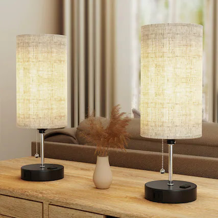 Front. PAIHOME - Modern Linen Cylinder Table Lamp, Zipper Bedside Lamp Nightstand Desk Lamp for Bedroom Office, 60W LED Bulb Included - Beige.