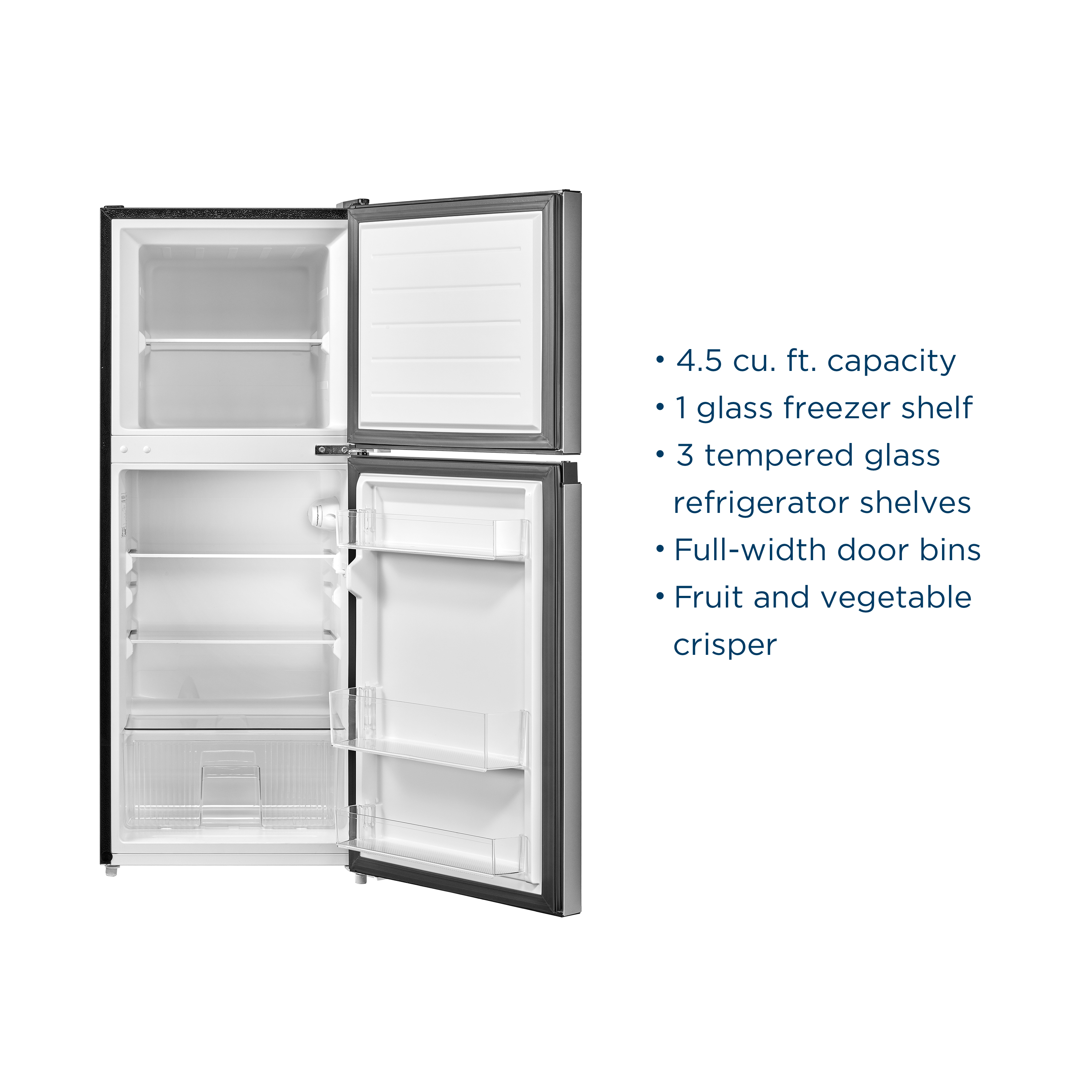 - 4.5 cu. ft. capacity
- 1 glass freezer shelf
- 3 tempered glass refrigerator shelves
- Full-width door bins
- Fruit and vegetable crisper