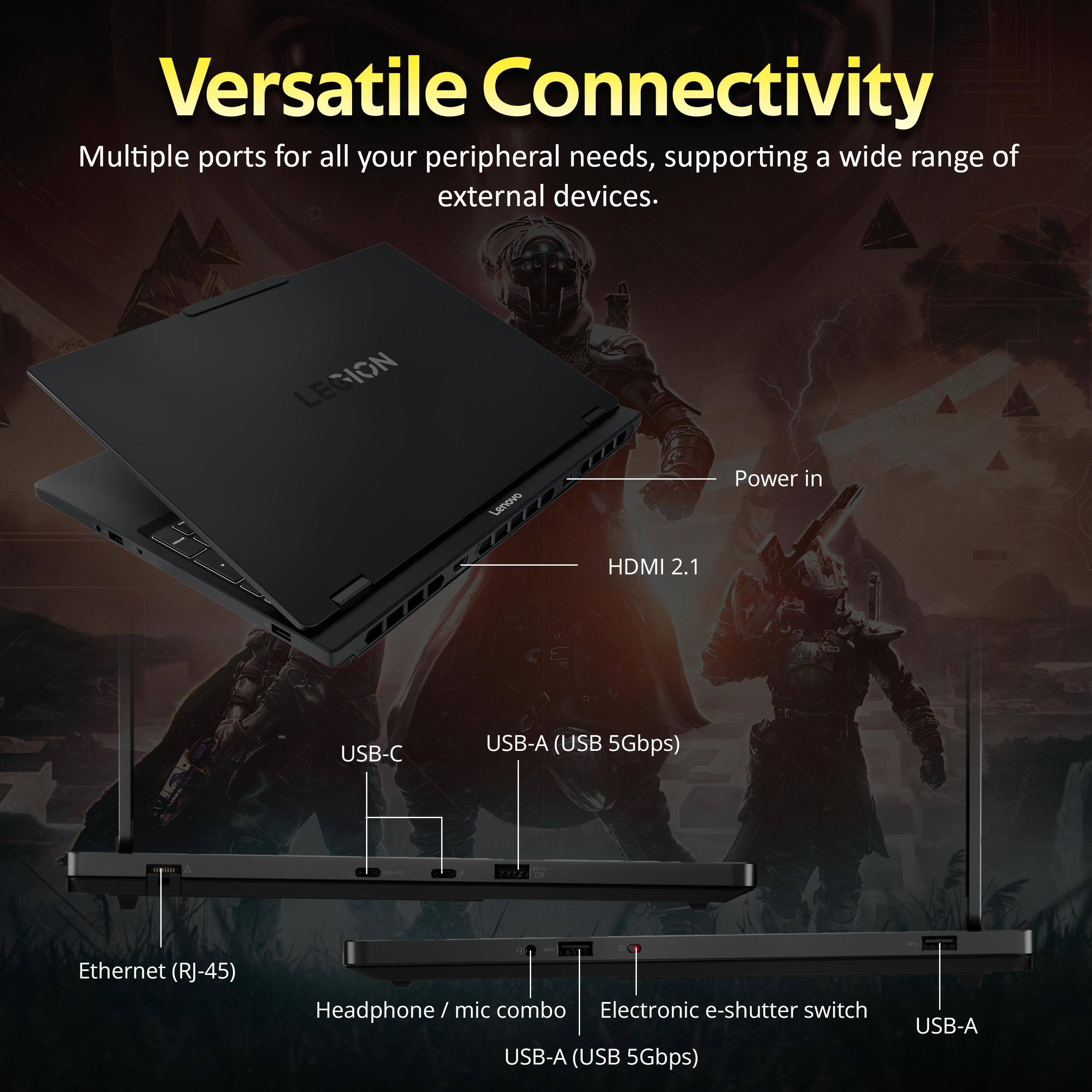 Versatile Connectivity

Multiple ports for all your peripheral needs, supporting a wide range of external devices.

- Power in
- HDMI 2.1
- USB-C
- USB-A (USB 5Gbps)
- Ethernet (RJ-45)
- Headphone/mic combo
- Electronic e-shutter switch
- USB-A (USB 5Gbps)