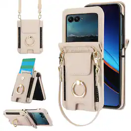 Dteck - For Samsung Galaxy Z Flip8 Shockproof Leather Ring Kickstand Protective Wallet Case with Shoulder Strap / Lanyard - White