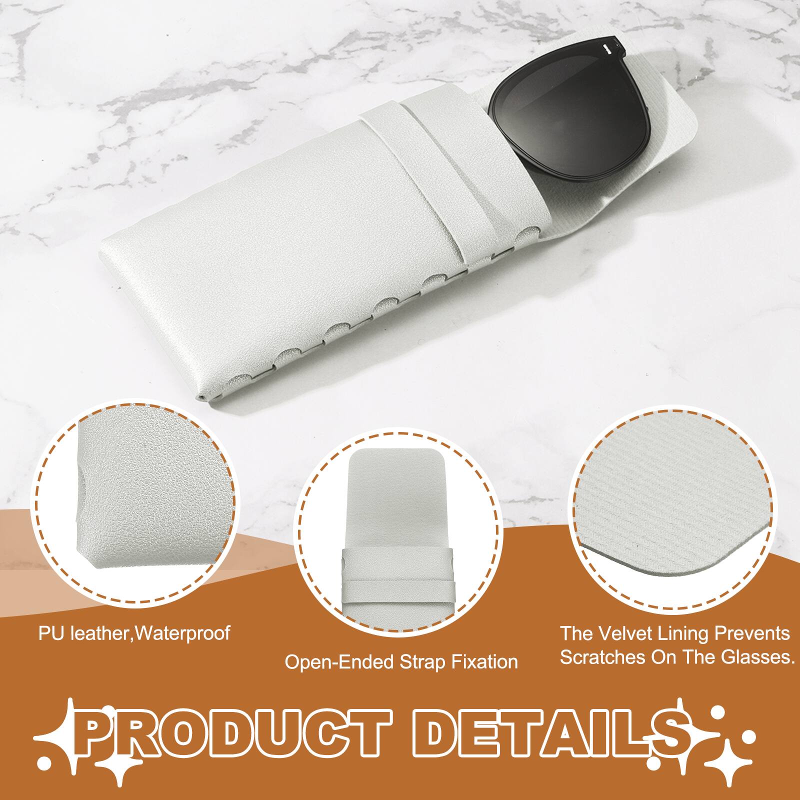 PU leather, Waterproof  
The Velvet Lining Prevents Scratches On The Glasses.  
PRODUCT DETAILS