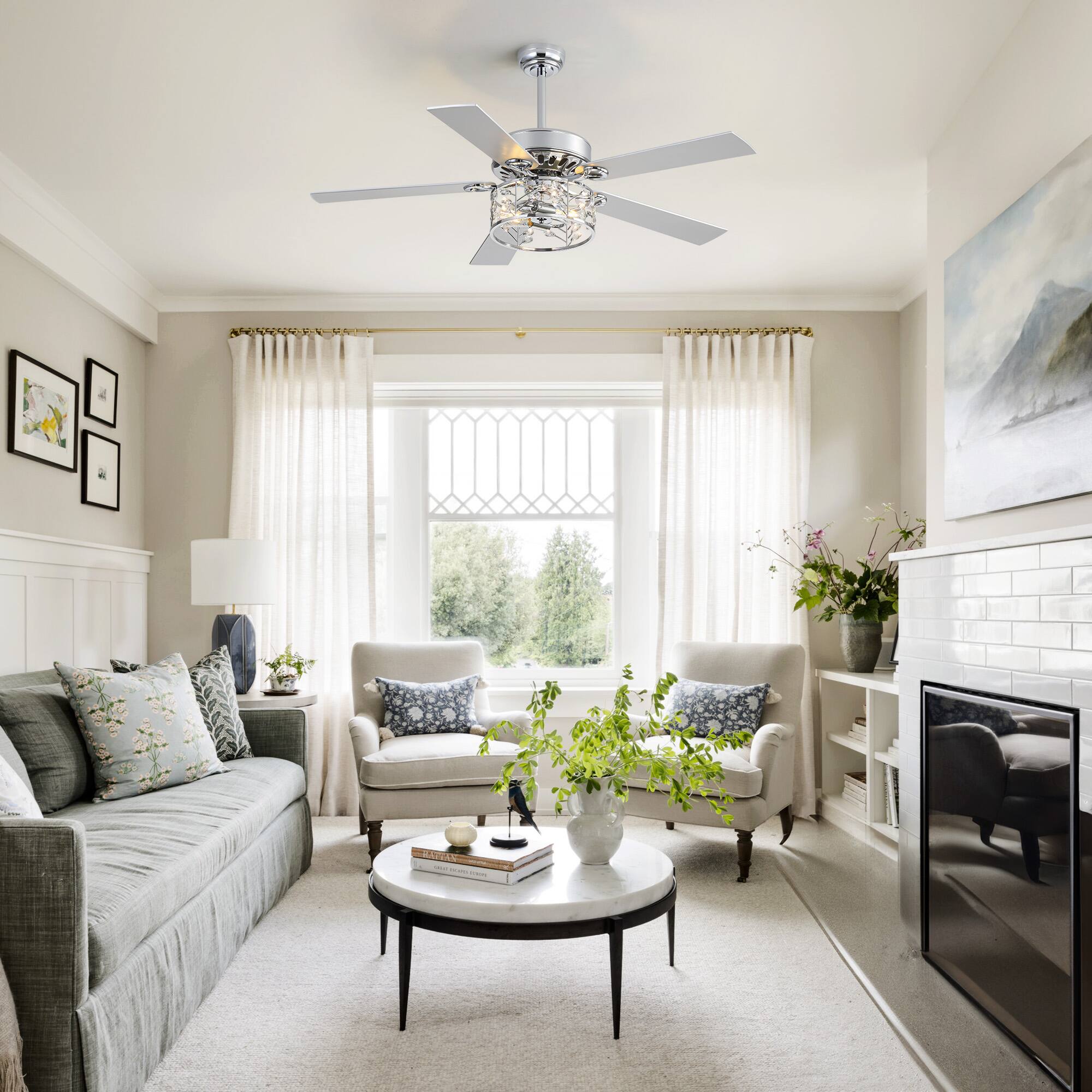 Alt View 1. Breezary - 52-Inch Ceiling Fan with Crystal Light, 5 Blades, DC Motor, Remote Control, 6 Speeds,  5"&10" Downrod Mount - 52-inch Chrome & Silver & Wood Grain.