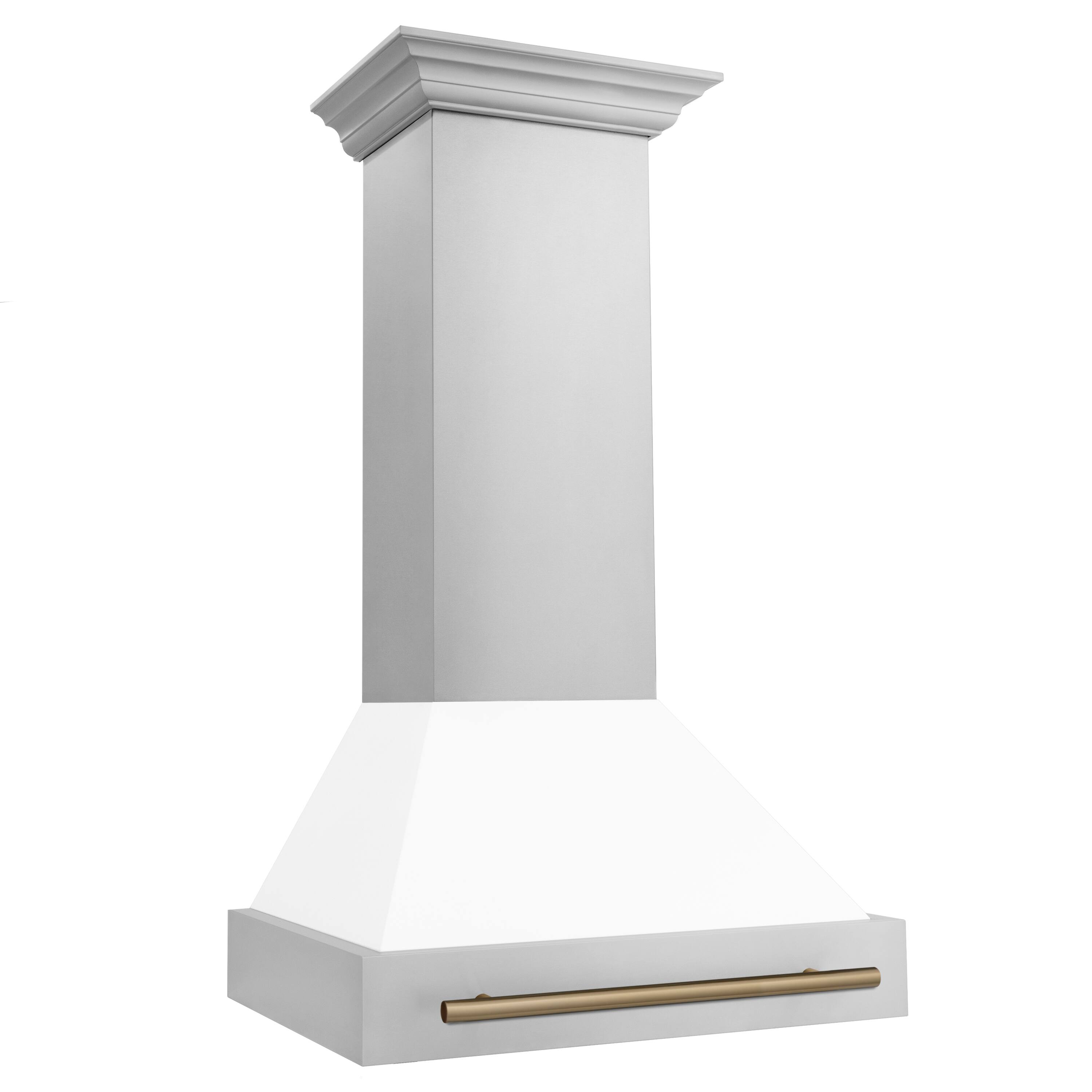 Angle. ZLINE - ZLINE Autograph Edition 30 in. Stainless Steel Range Hood with White Matte Shell and Champagne Bronze Handle - Stainless Steel.