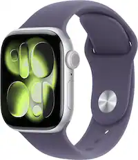 Front. Apple - Apple Watch Series 11 (GPS+Cellular) 42mm Aluminum Case with Purple Fog Sport Band - S/M - Silver.