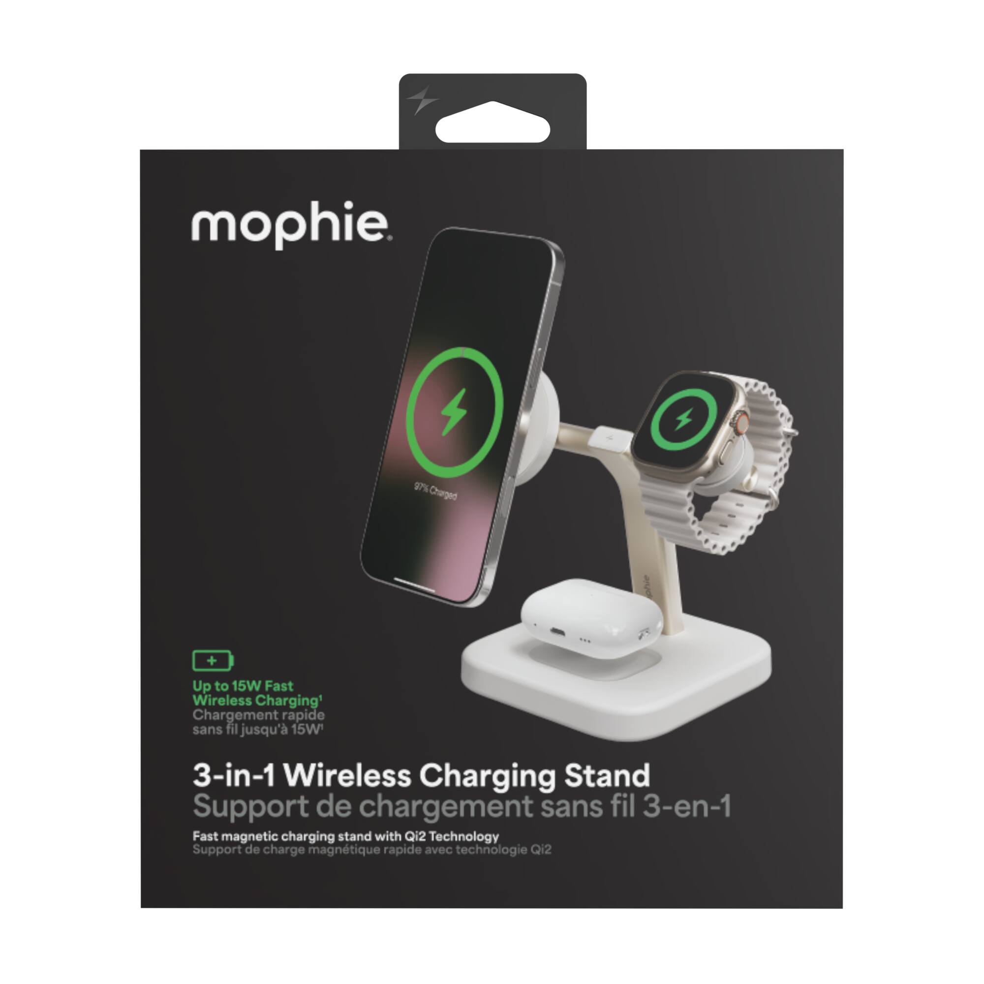 mophie.  
9P% Charged and Up to 15W Fast Wireless Charging  
Chargement rapide sans fil jusqu'à 15W  
3-in-1 Wireless Charging Stand  
Support de chargement sans fil 3-en-1  
Fast magnetic charging stand with Qi2 Technology  
Support de charge magnétique rapide avec technologie Qi2