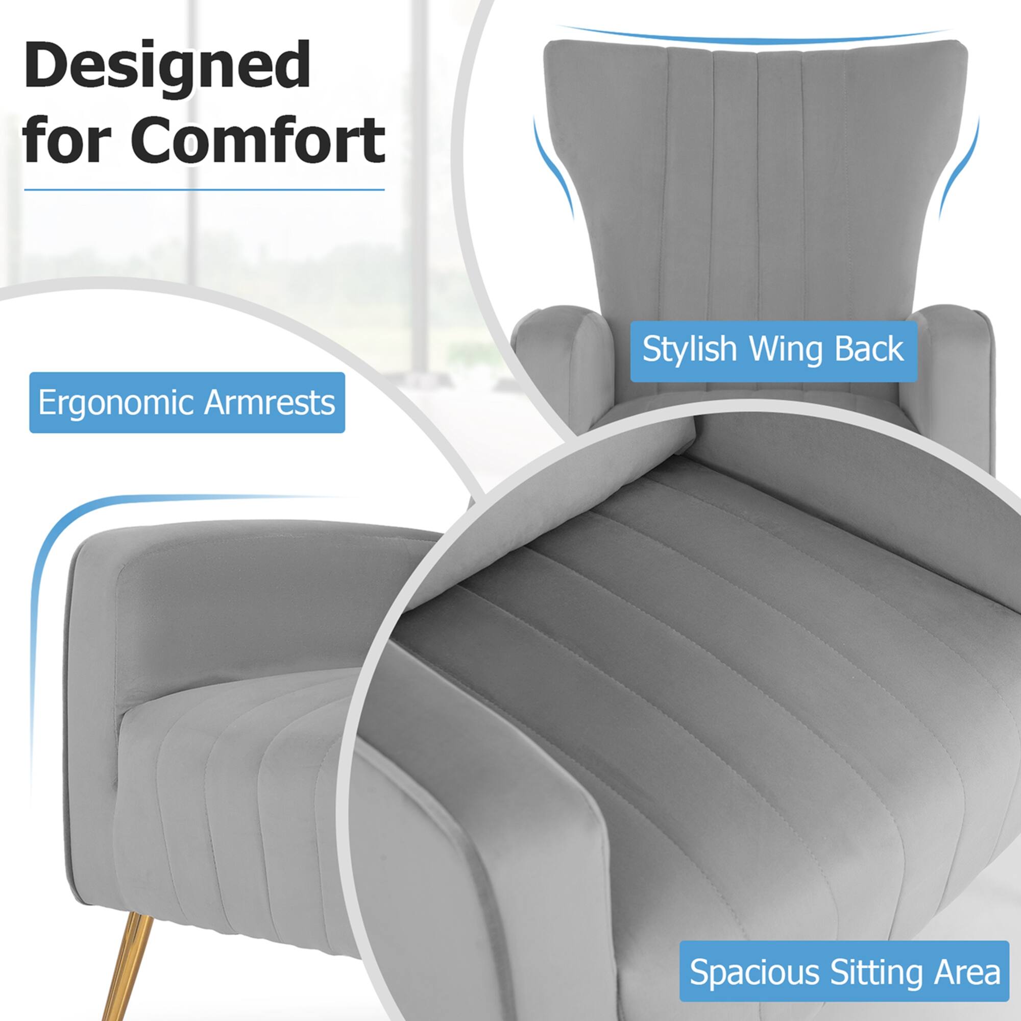 Designed for Comfort Ergonomic Armrests Stylish Wing Back Spacious Sitting Area
