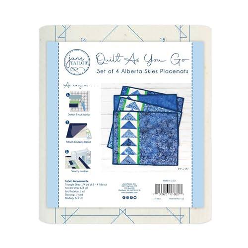 Sure, here is the corrected and grouped text:

---

**Quilt As You Go Set of 4 Alberta Skies Placemats**

**Instructions:**
1. Select 4 fabrics
2. Add backing fabric
3. Sew by subbing

**Fabric Requirements:**
- Triangle Sep 1/4 yard of Accent Fabric
- Triangle Sep 1/4 yard of End Fabric
- 1 yard Binding 3/4 yard of Fabric

**Tools:**
- Sewing machine
- Rotary cutter
- Ruler
- Pins

**Pattern:**
- Alberta Skies

**Price:**
- $19.99

**Barcode:**
- 7 30976 01882 2

**Pattern Number:**
- 14 / 15

**June Taylor Tailor**

---