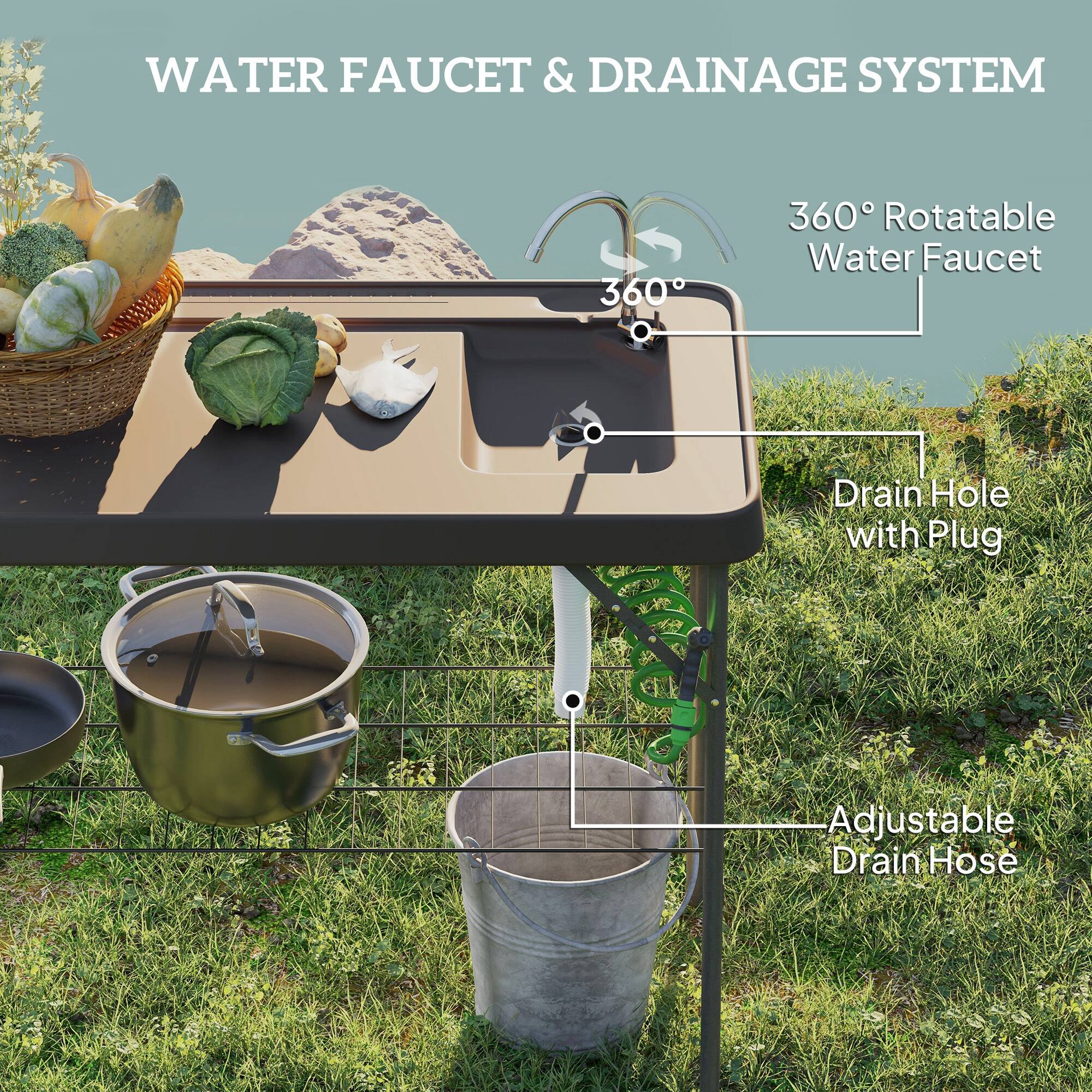 WATER FAUCET & DRAINAGE SYSTEM
360° Rotatable Water Faucet
Drain Hole with Plug
Adjustable Drain Hose